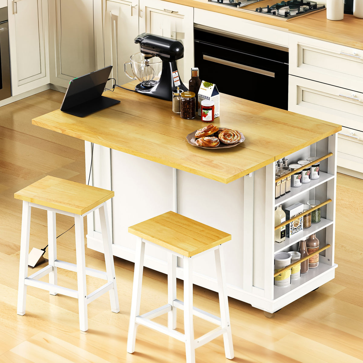variant-group:rf-n707s257057w|Roomfitters 48" Kitchen Island with Power Outlet and Drop Leaf, Rolling Storage Cabinet with Wood Top and Spice Rack, White