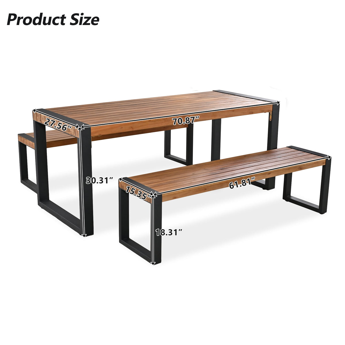Roomfitters 3-Piece Outdoor Dining Set with Rectangular Table and 2 Benches, Industrial Patio Picnic Furniture, Acacia Wood Roomfitters
