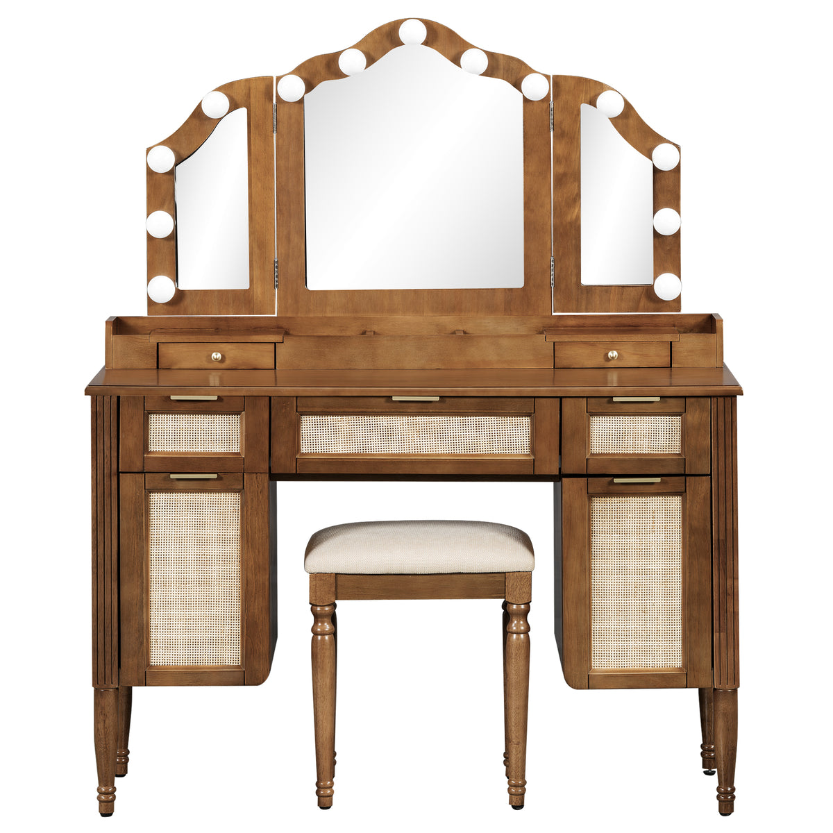 variant-group:rf-n704p342558p|Roomfitters 44-Inch Bohemian Makeup Vanity Desk with 13 Hollywood Bulbs Tri-Fold Mirror and Bamboo Drawers Espresso