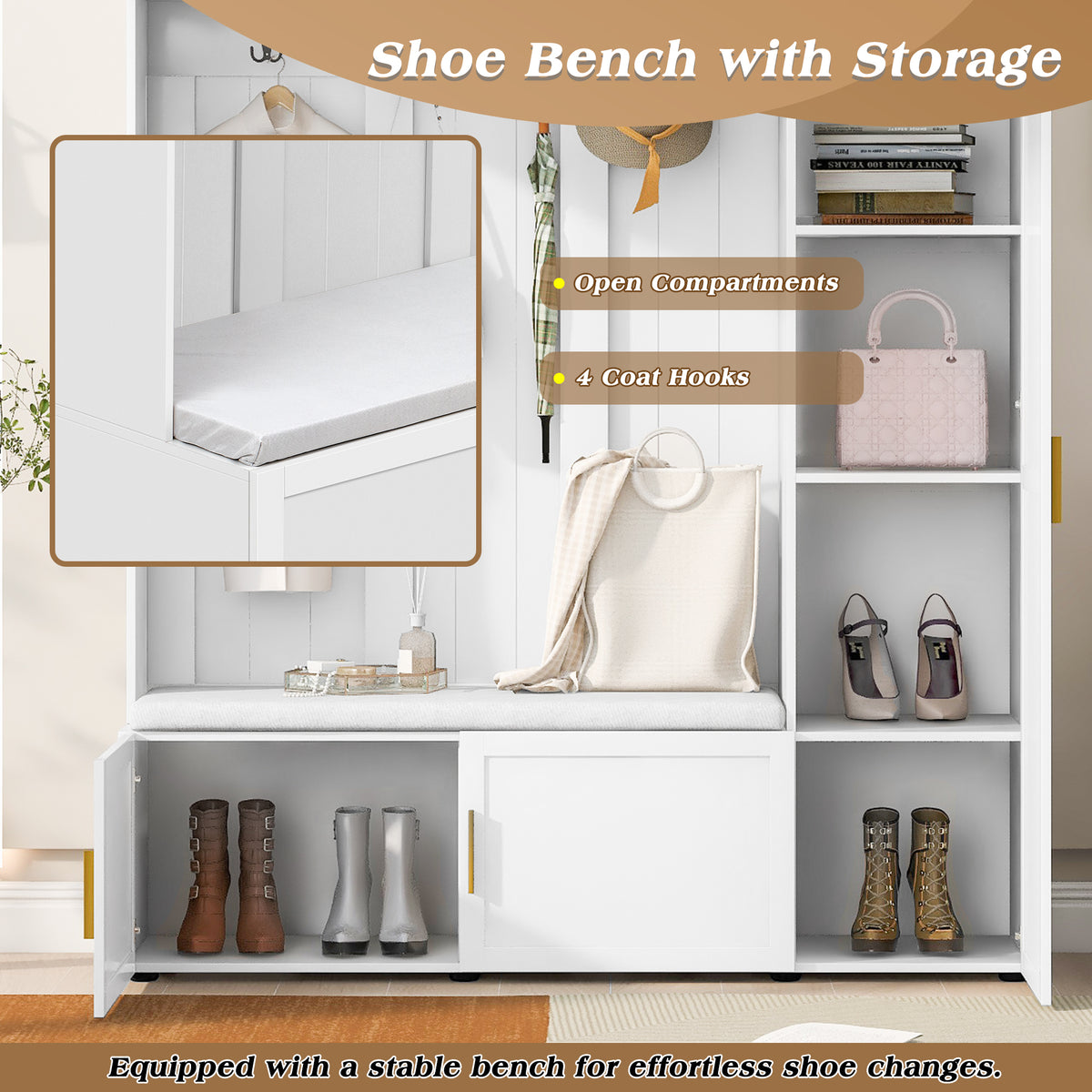 variant-group:rf-n724sj000166aak|Roomfitters American Style 4-in-1 Hall Tree, Upholstered Entryway Bench, Ancient White