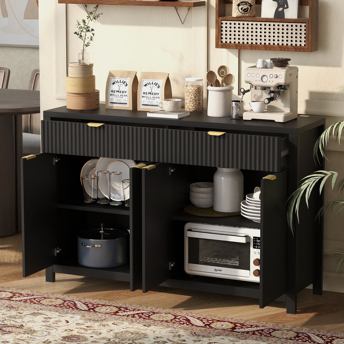 variant-group:rf-n711p269068b|Roomfitters Modern Sideboard Cabinet, Wave Pattern Storage Buffet with Adjustable Shelves, Accent Console, Black