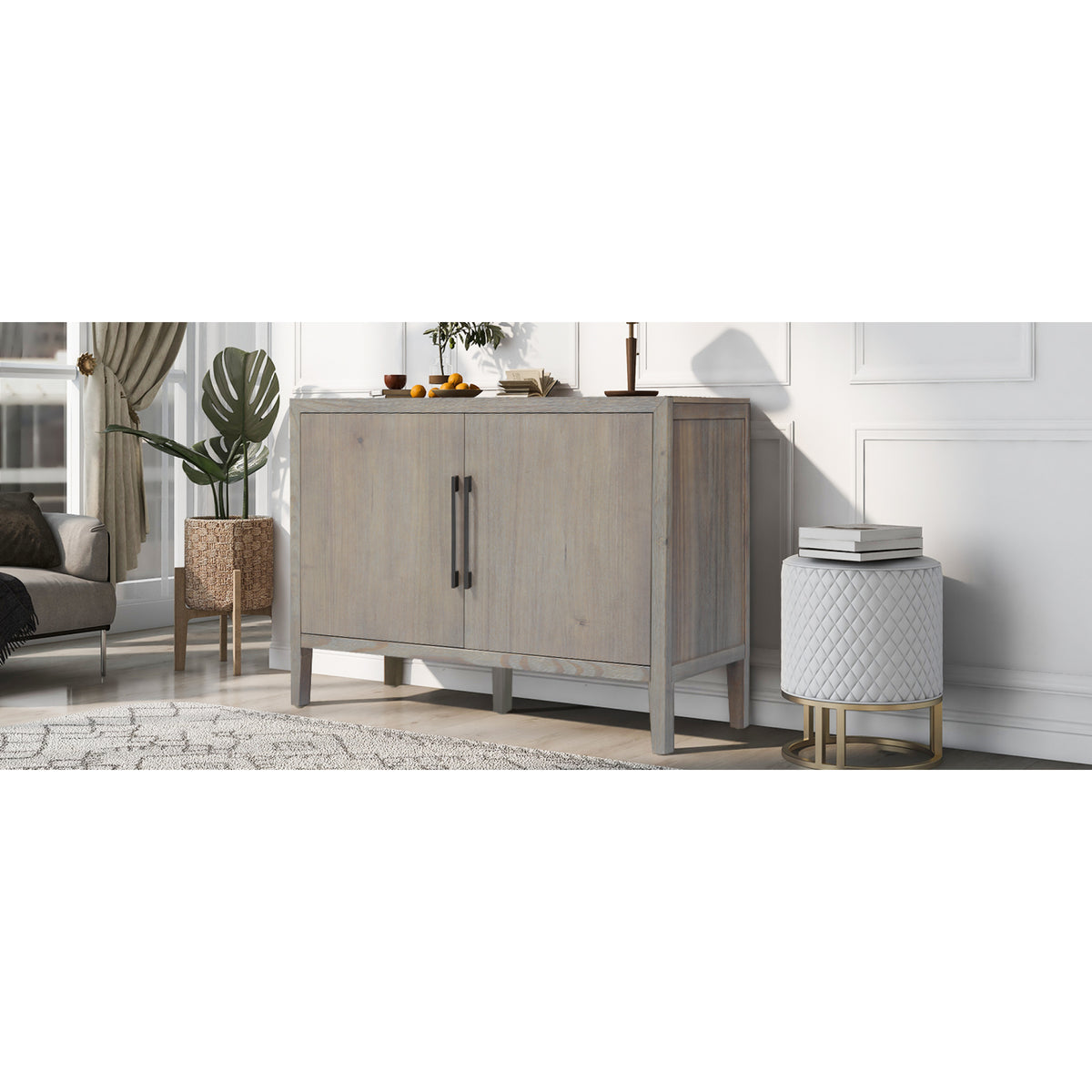 variant-group:rf-n711p410389e|Roomfitters 47.25-Inch Farmhouse Sideboard, 2-Door Buffet Cabinet, Grey Wooden Storage Console, Metal Handles