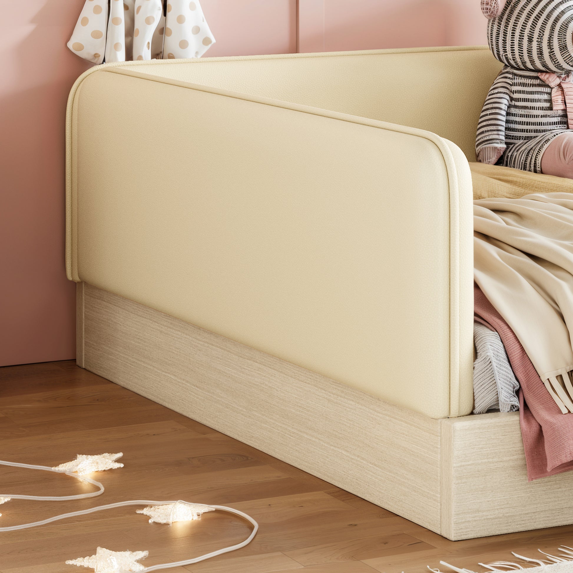 variant-group:rf-w1580s00671|Roomfitters Full Size Upholstered Floor Bed Frame with Removable Guardrails, Faux Leather Low Profile Platform, Beige