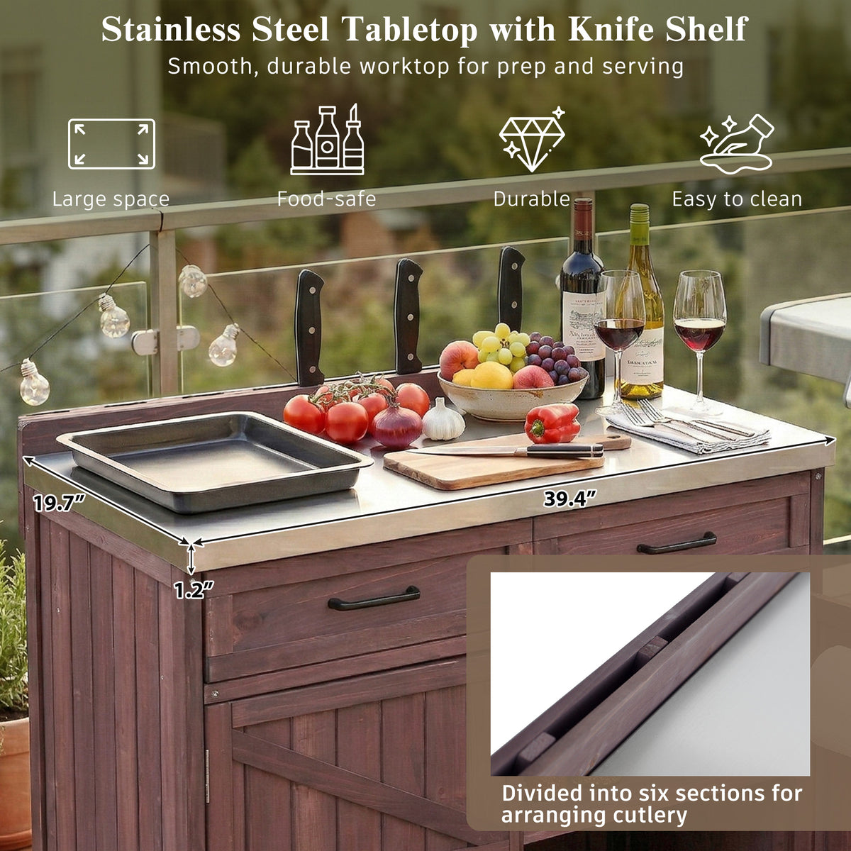 variant-group:rf-n707p370273z|Roomfitters 39.4" Grill Cart, Outdoor Kitchen Island with Stainless Steel Top, BBQ Prep Station with Storage Cabinet, Brown