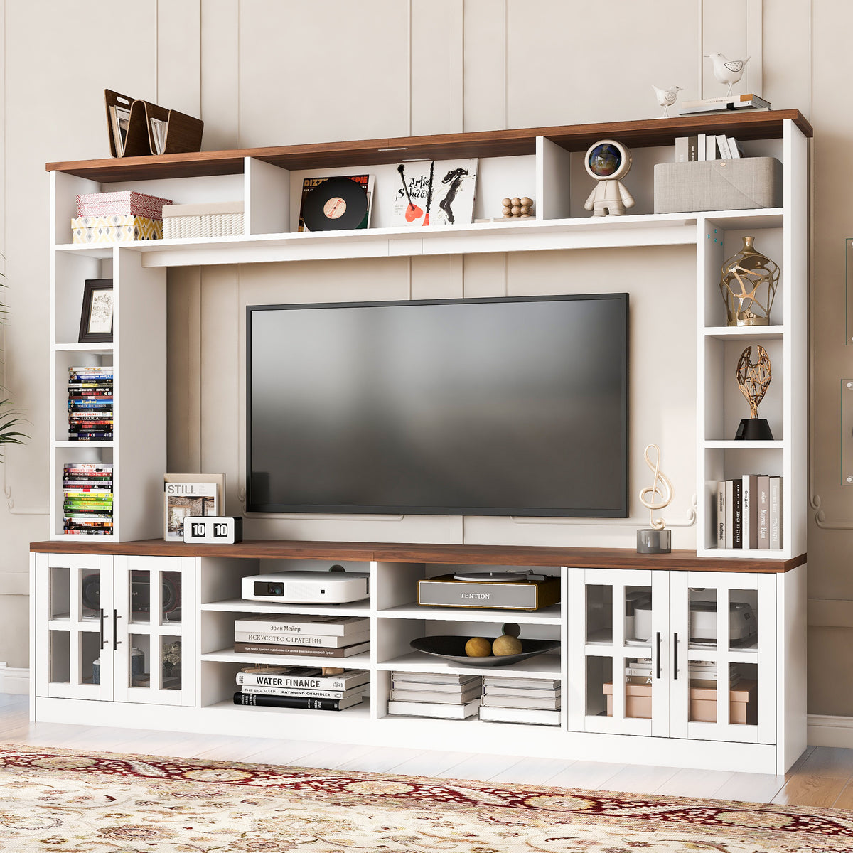 variant-group:rf-n724sj000161aak|Roomfitters 102"W Wall Unit Modern Entertainment Center, 18 Open Storage Shelves, White