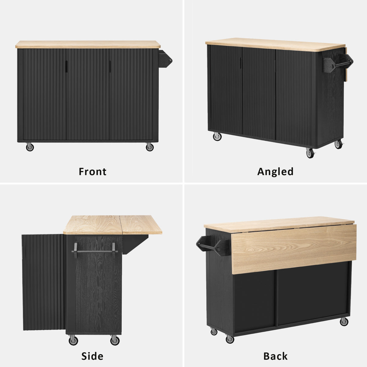 variant-group:rf-n707p221446b|Roomfitters 51" Fluted Kitchen Island with Drop Leaf, Rolling Cart with Storage Rack, Farmhouse Style, Towel Rack, Black