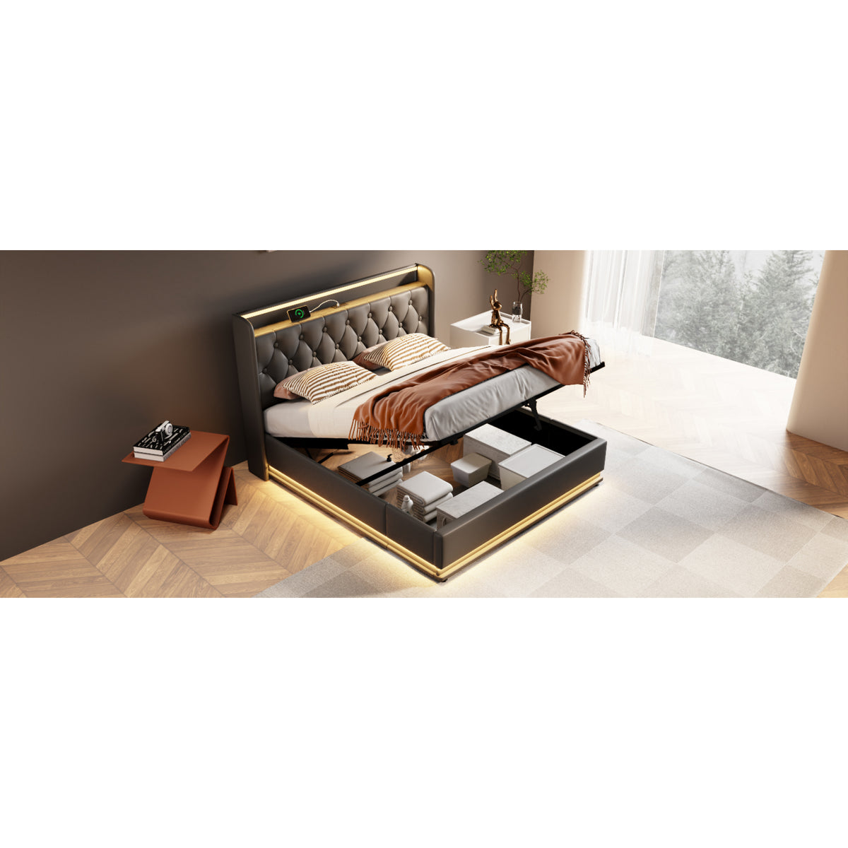 variant-group:rf-n736p188808b|Roomfitters King Size Upholstered Storage Bed with USB Type-C Charging and Remote Control, Faux Leather Black