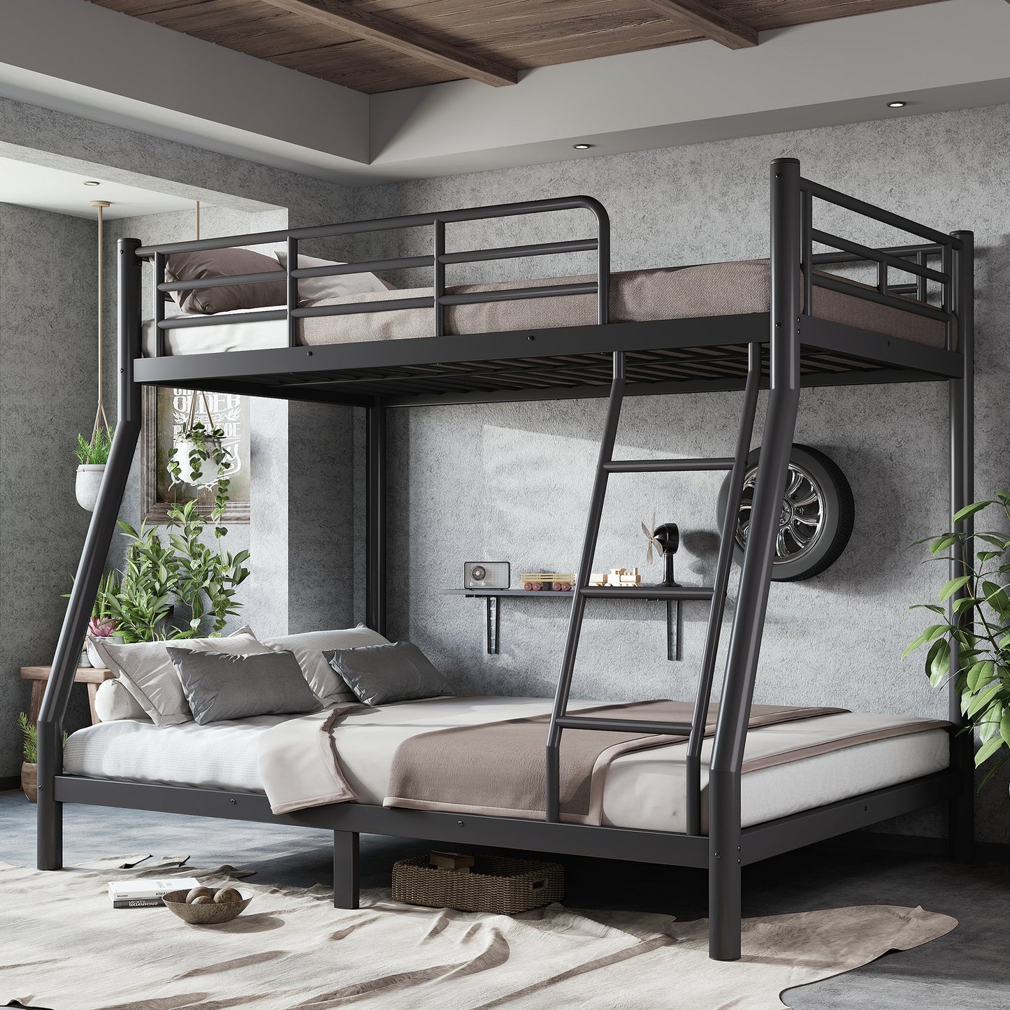 Roomfitters Twin over Full Bunk Bed Frame for Teens Adults, Heavy Duty Metal Round Tube Noise Free No Box Spring, Black