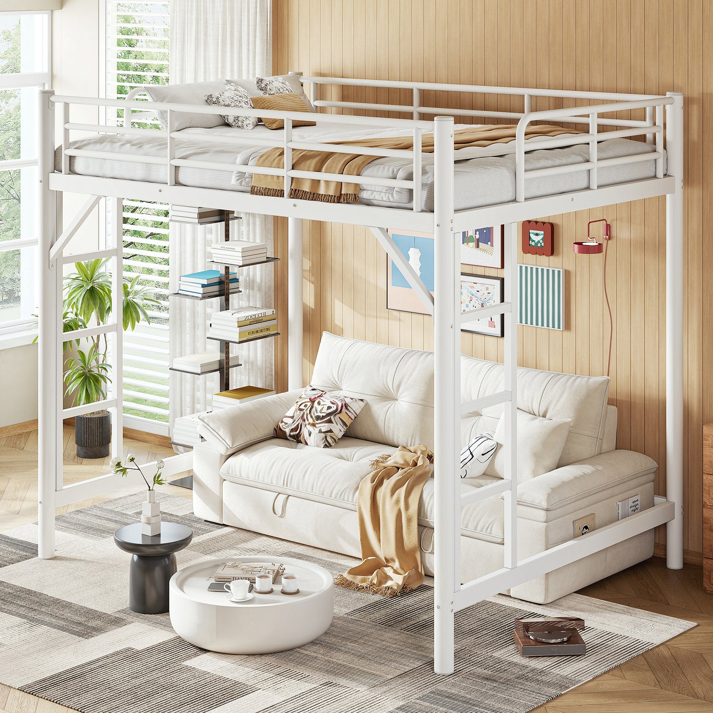 variant-group:rf-w1580p455016|Roomfitters Full Size Metal Loft Bed Frame with Guardrails, Heavy Duty Space Saving High Loft Bed Dual Ladders, White