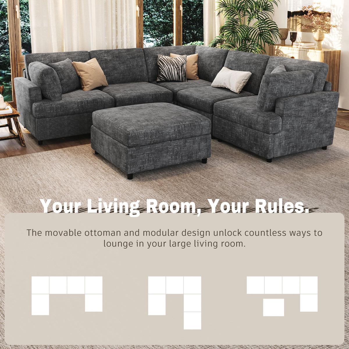 Roomfitters 127" U-Shaped Sectional Sofa, Modern Modular L-Shaped Couch with Movable Ottoman for Living Room, Grey Roomfitters