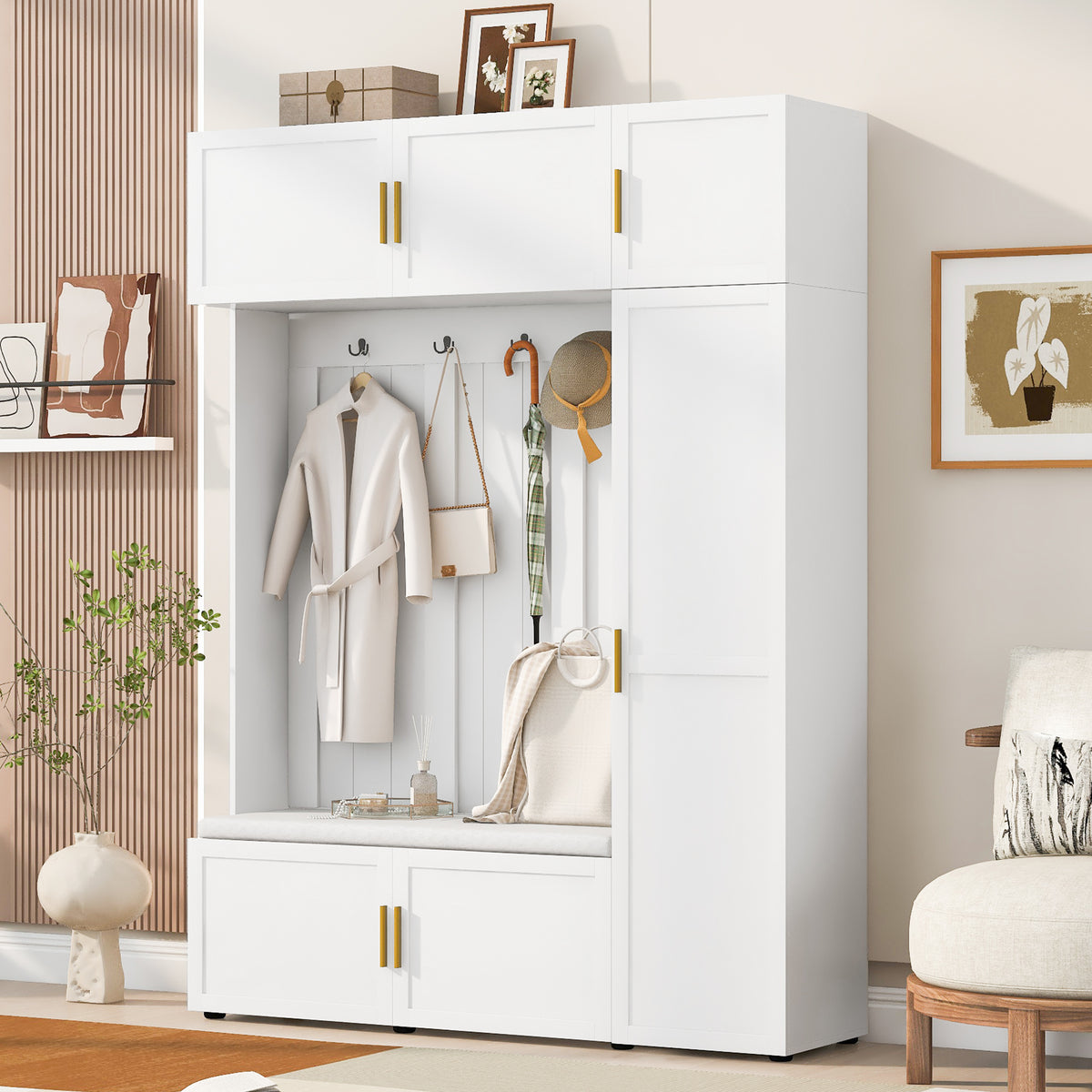 variant-group:rf-n724sj000166aak|Roomfitters American Style 4-in-1 Hall Tree, Upholstered Entryway Bench, Ancient White