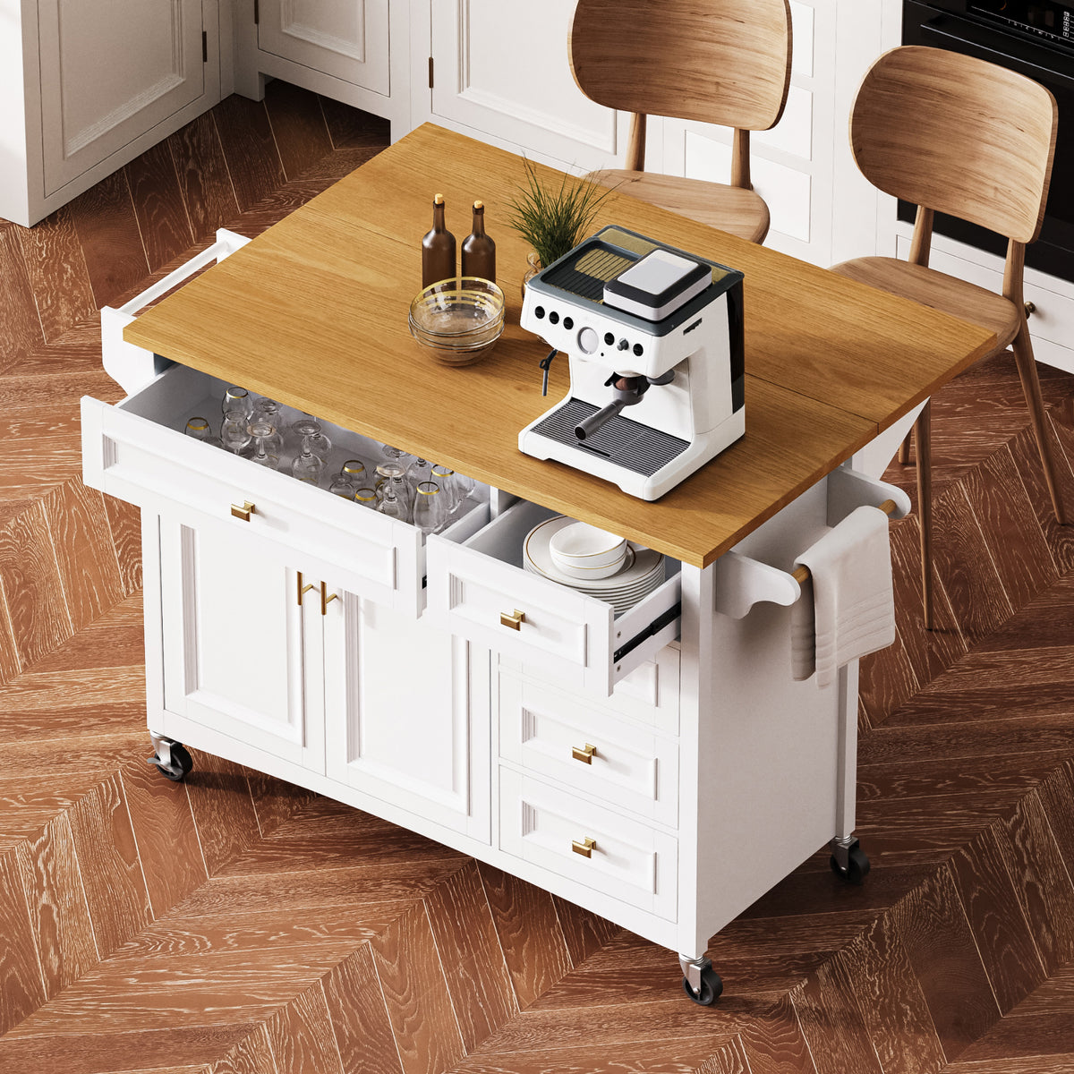 variant-group:rf-n707p195393w|Roomfitters 52" Kitchen Island with Drop Leaf, Rolling Kitchen Cart with Storage Cabinet, Spice Rack, Towel Rack, Adjustable Shelf, White