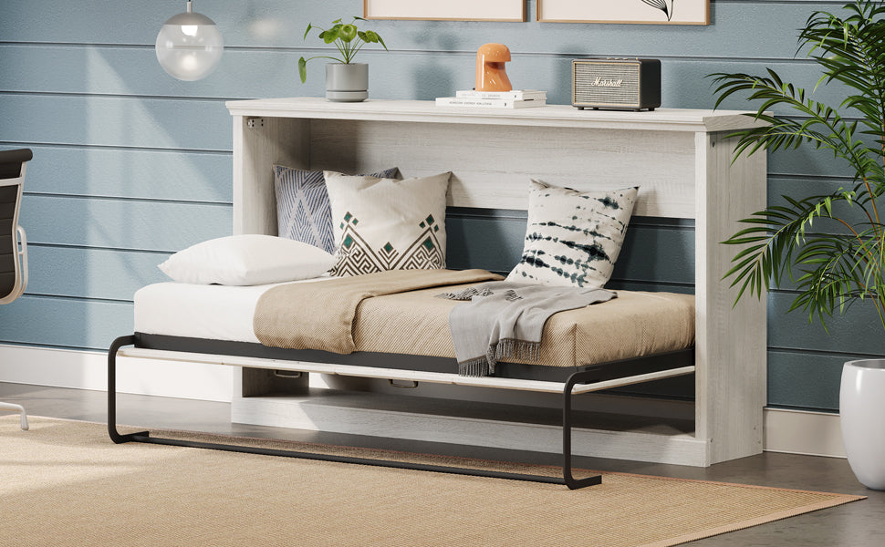 Roomfitters Twin Size Horizontal Murphy Bed Frame, Hideaway Cabinet Wall Bed, Dual Piston System Guest Room, Rustic White Roomfitters