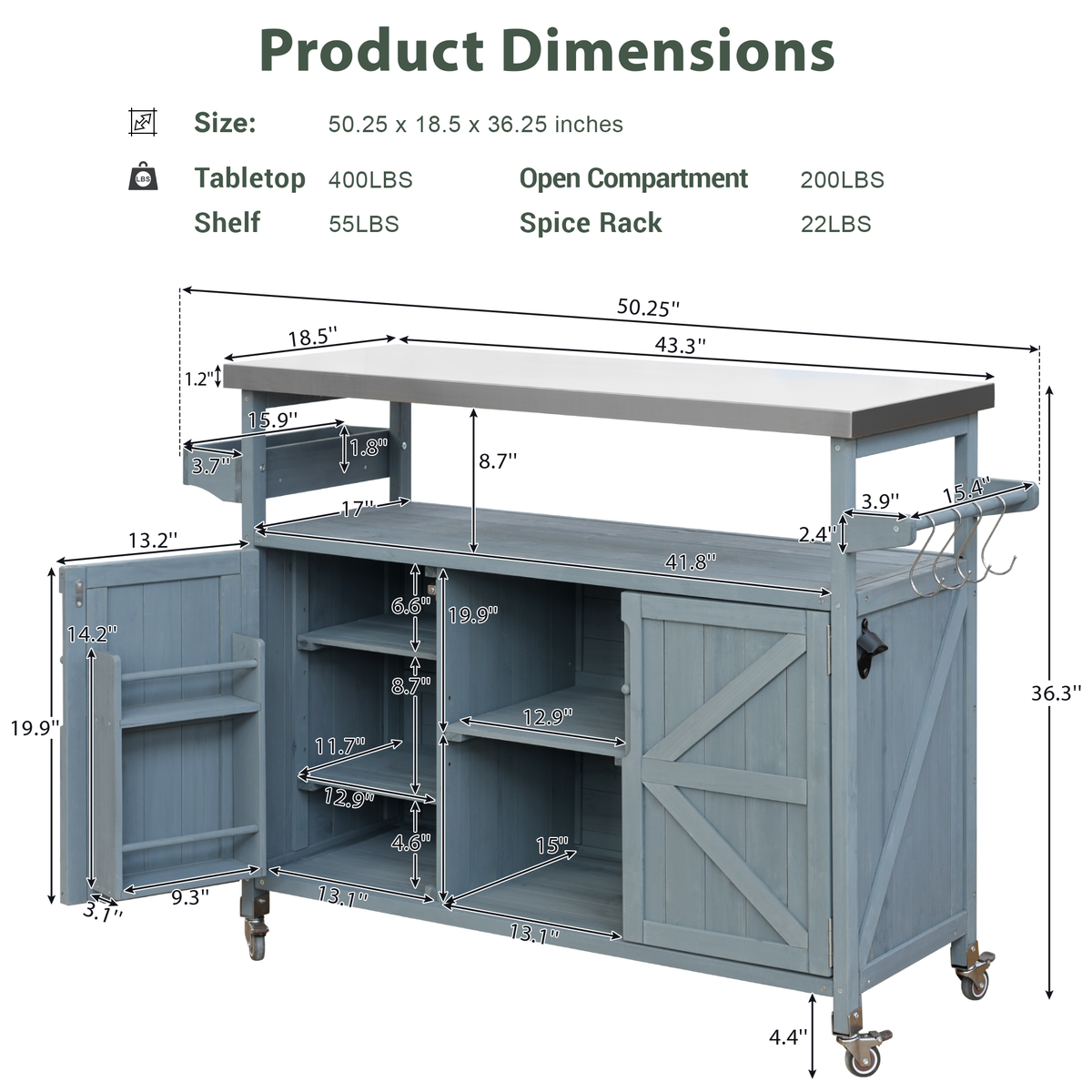 variant-group:rf-n707wf532198aag|Roomfitters Outdoor Kitchen Island Rolling Bar Cart & Storage Cabinet, Farmhouse Solid Wood Outdoor Grill Table with Stainless Steel Top, Spice Rack, Towel Rack for Kitchen & Barbecue, Grey Blue