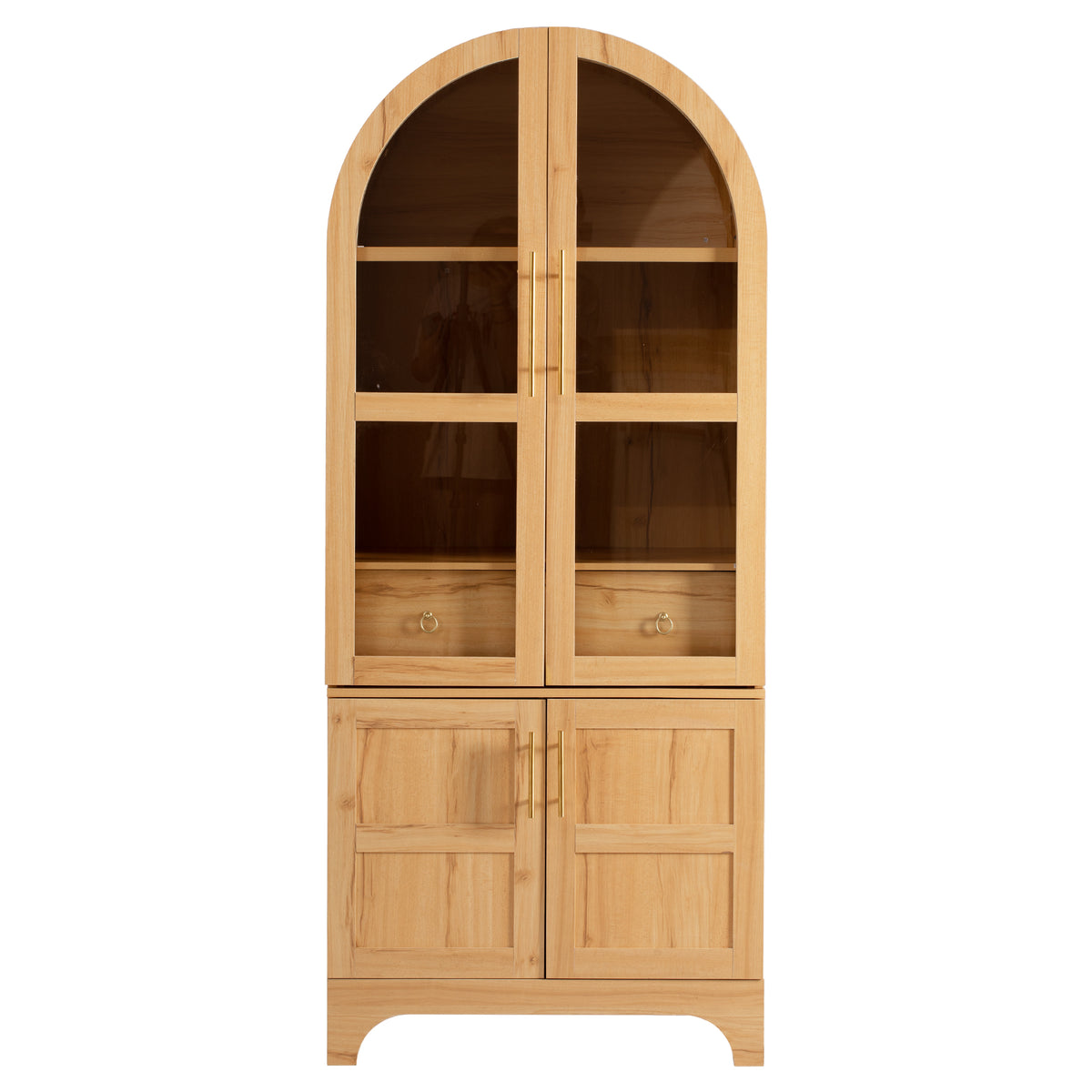 variant-group:rf-n707s288969y|Roomfitters 71" Pantry Cabinet with Arched Top & Glass Doors, 4-Door Storage Hutch with Adjustable Shelves for Kitchen, Natural