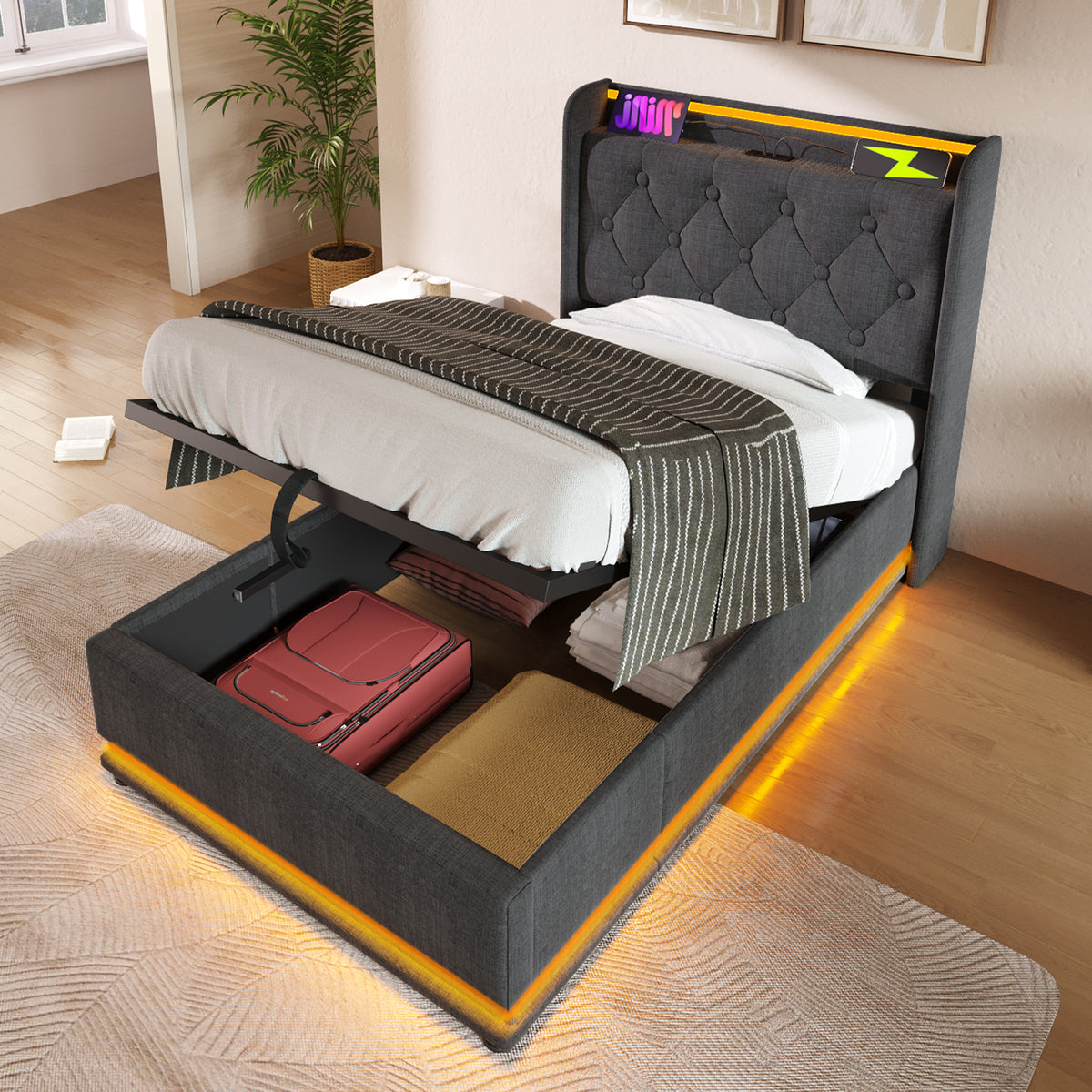 variant-group:rf-n736p188805g|Roomfitters Twin Size Upholstered Storage Bed with USB Type-C Charging and Remote Control, Linen Gray