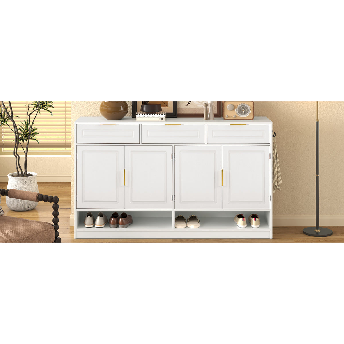 variant-group:rf-n711p345213k|Roomfitters 59.1" Farmhouse Sideboard Buffet Cabinet with 3 Drawers and 4 Doors, Kitchen Storage with Open Shelf, White