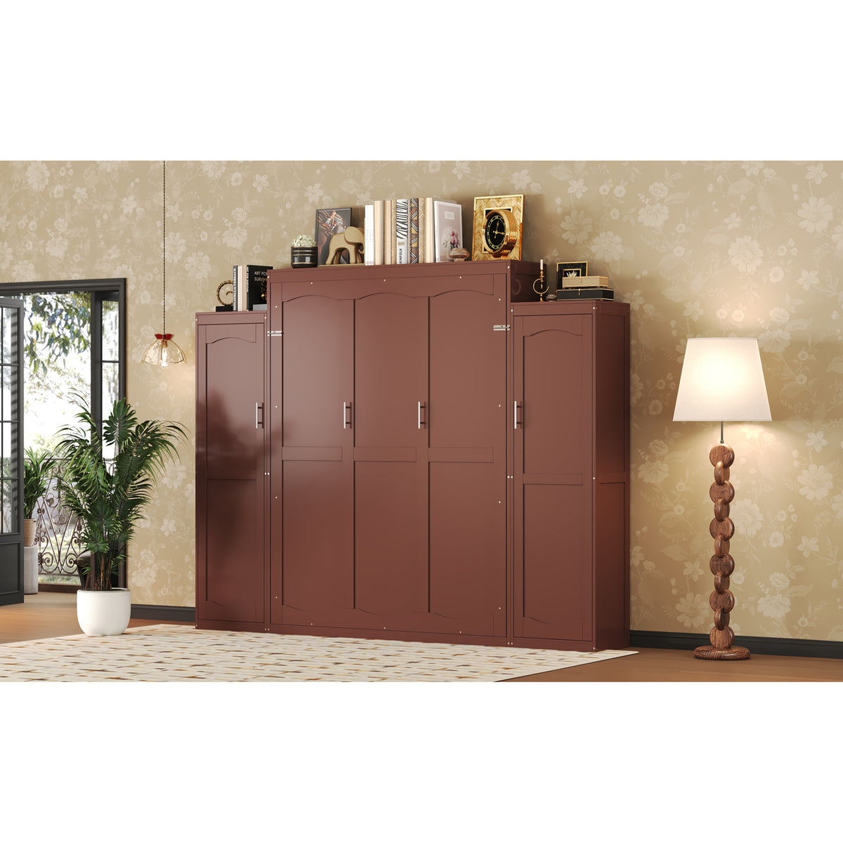 variant-group:rf-n733s235627d|Roomfitters Queen Murphy Wall Bed with Two Wardrobes and Storage Shelf, Foldable Platform Bed Frame for Guest Room, Walnut