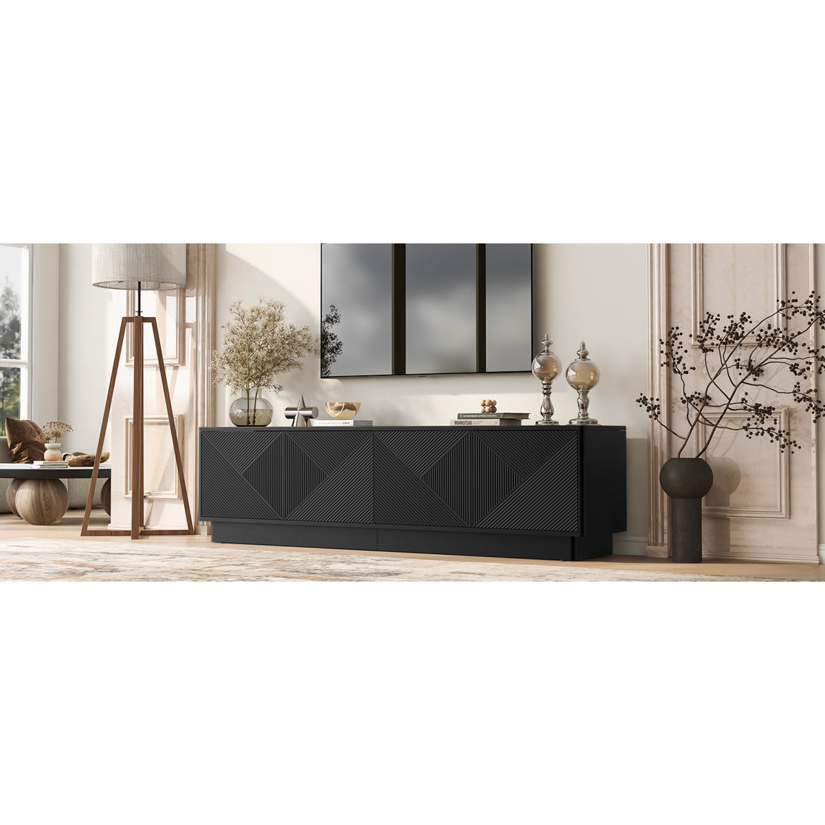 variant-group:rf-n724p426846b|Roomfitters Stylish 4-Door Wave Design TV Console with 16-Color USB LED Light, Black