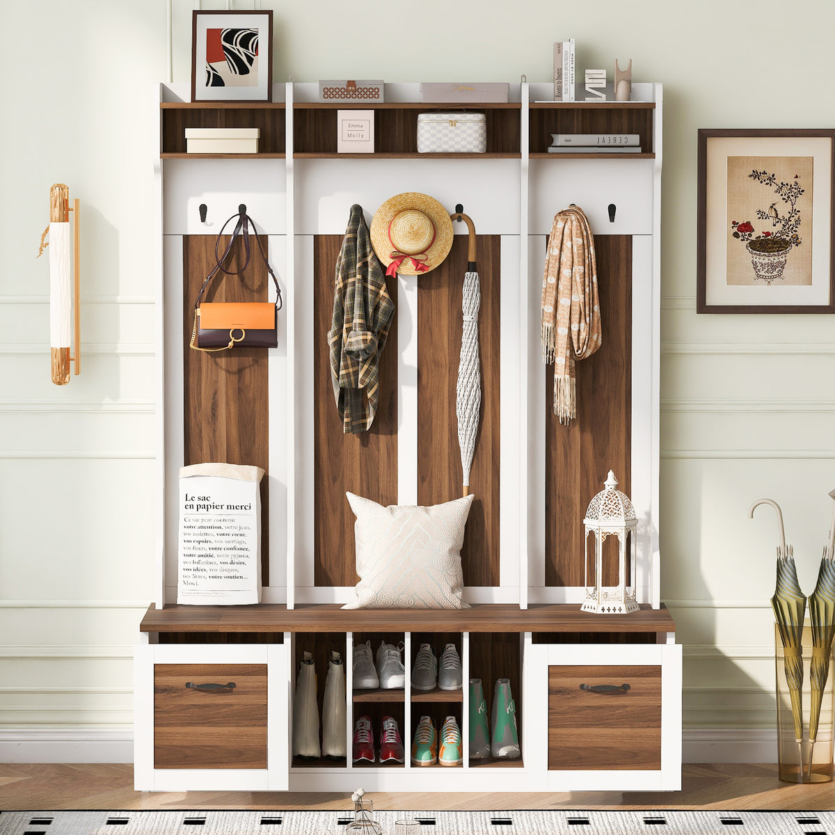 variant-group:rf-n724p235232d|Roomfitters 5-in-1 Entryway Bench with Coat Rack, Hooks, Drawers and Adjustable Shelves, Hall Tree for Hallway or Living Room, Brown+White