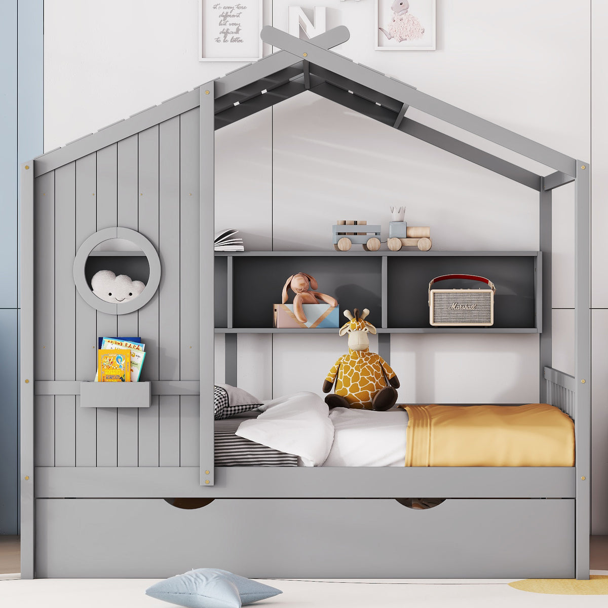 variant-group:rf-n733s316125e|Roomfitters Wooden Full Size House Bed with Trundle and Storage Shelf, Gray
