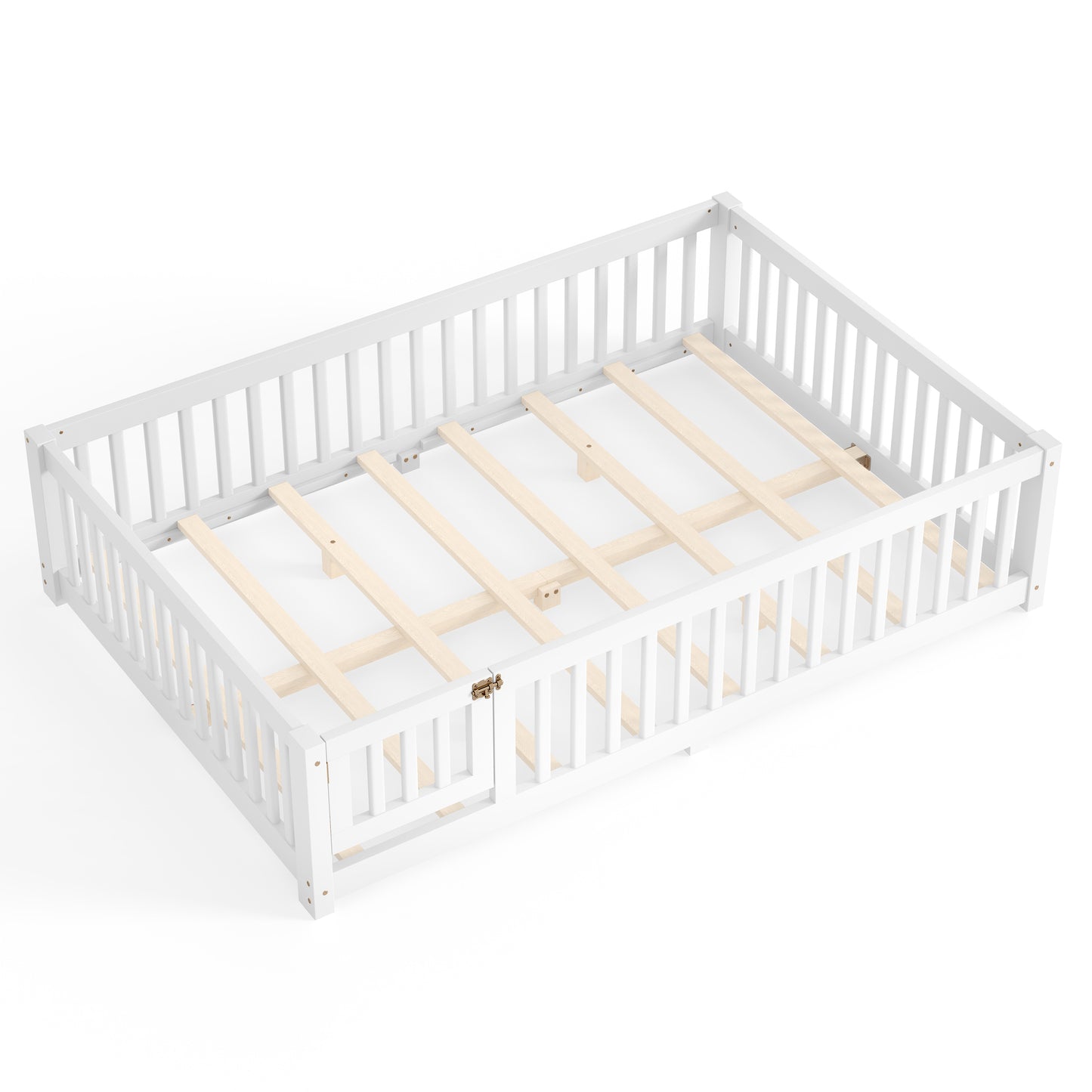 variant-group:rf-w1580p462324|Roomfitters Queen Size Wooden Floor Bed Frame with Safety Guardrails Door, Solid Wood Low Profile Toddler Play Bed, White