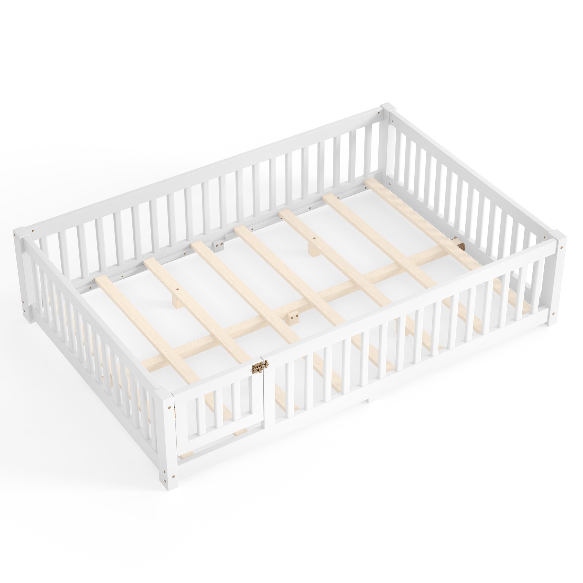 variant-group:rf-w1580p462324|Roomfitters Queen Size Wooden Floor Bed Frame with Safety Guardrails Door, Solid Wood Low Profile Toddler Play Bed, White