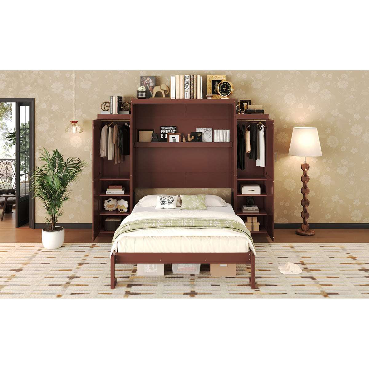 variant-group:rf-n733s235627d|Roomfitters Queen Murphy Wall Bed with Two Wardrobes and Storage Shelf, Foldable Platform Bed Frame for Guest Room, Walnut
