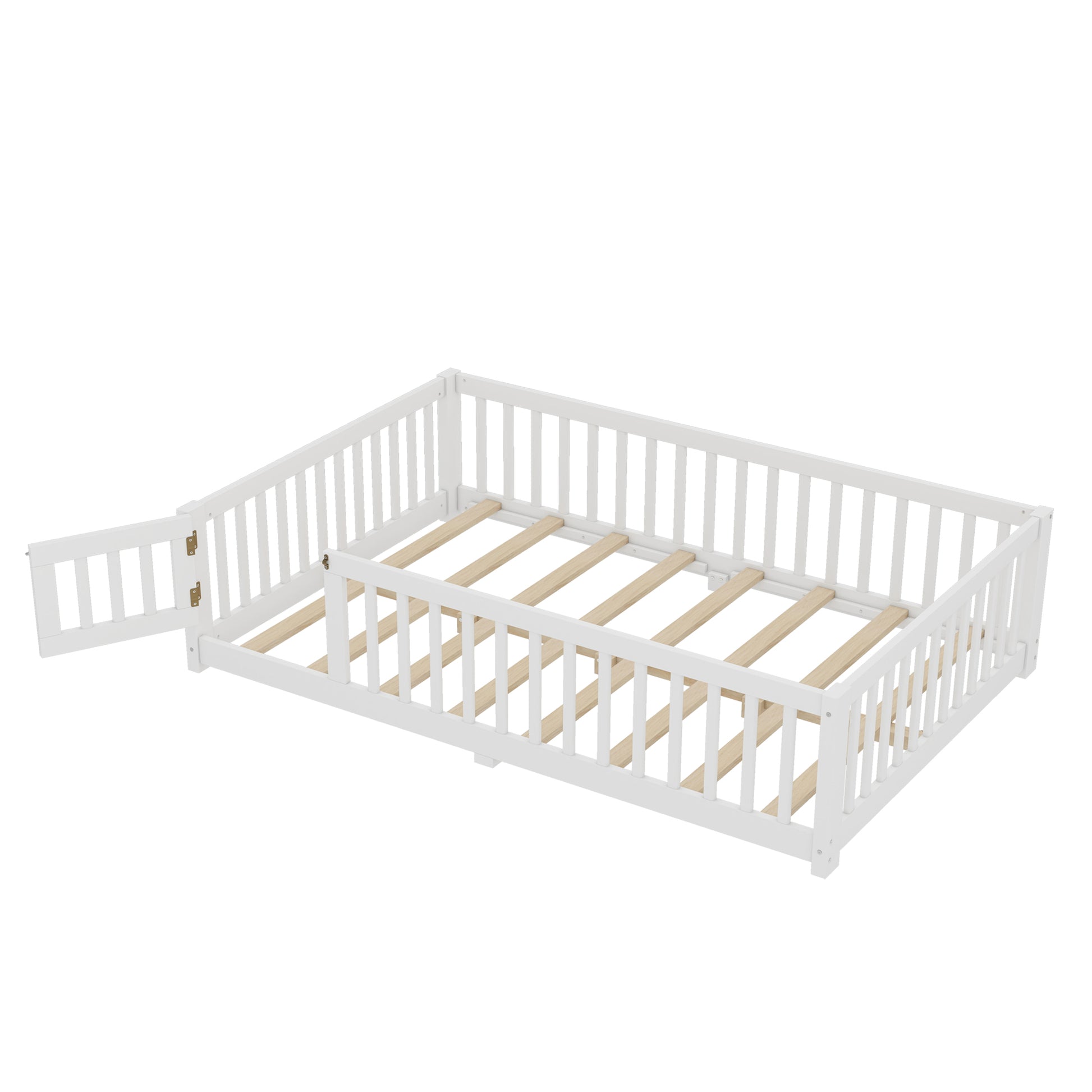 variant-group:rf-w1580p338950|Roomfitters Wooden Full Floor Bed Frame with Door & Safety Guardrails, Low Platform Design for Bedroom or Playroom, White
