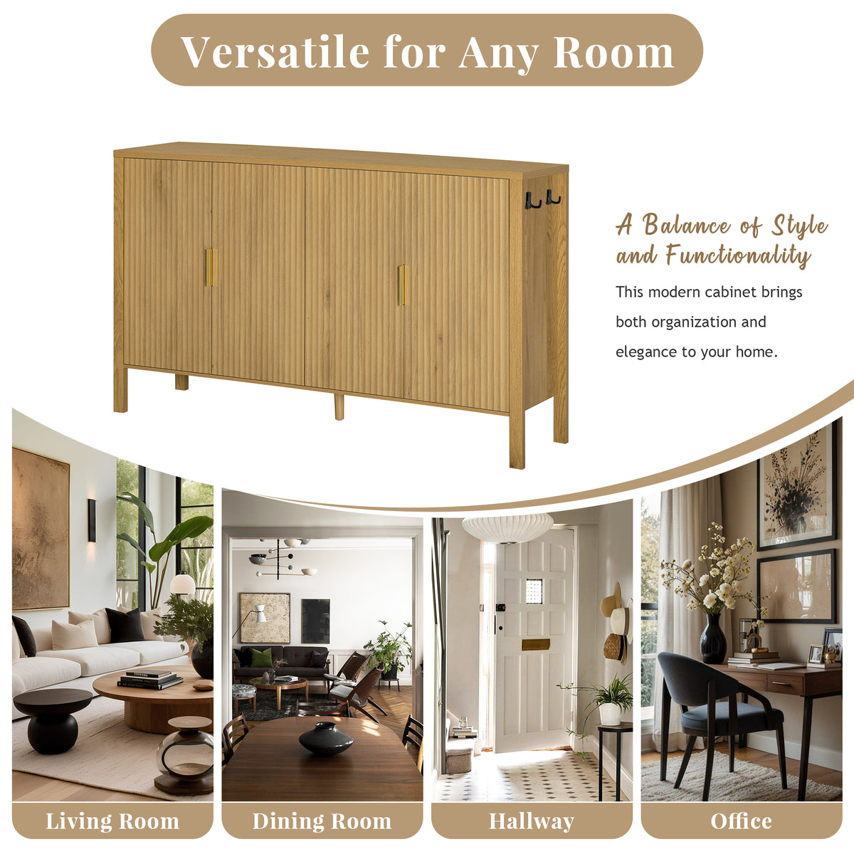variant-group:rf-n711p345170o|Roomfitters 57.5" Sideboard Buffet Cabinet with 3 Door Mid-century Modern Fluted Storage for Kitchen & Dining Room, Natural