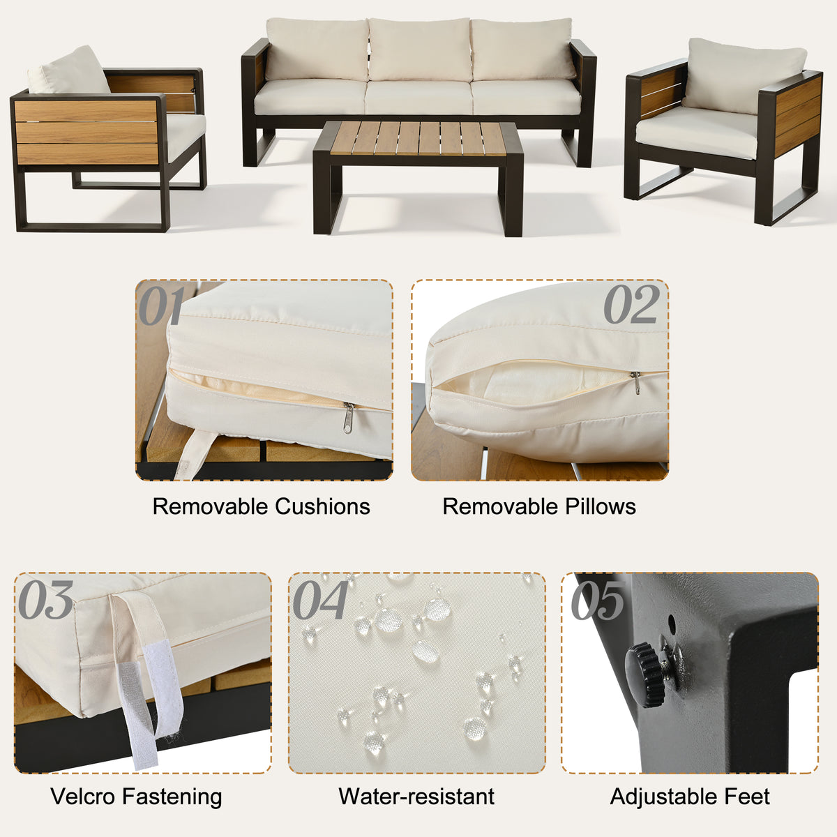 variant-group:rf-n704g201257a|Roomfitters 4-Piece Aluminum Patio Conversation Set with Four Fold-Out Side Trays and Slatted Coffee Table Beige