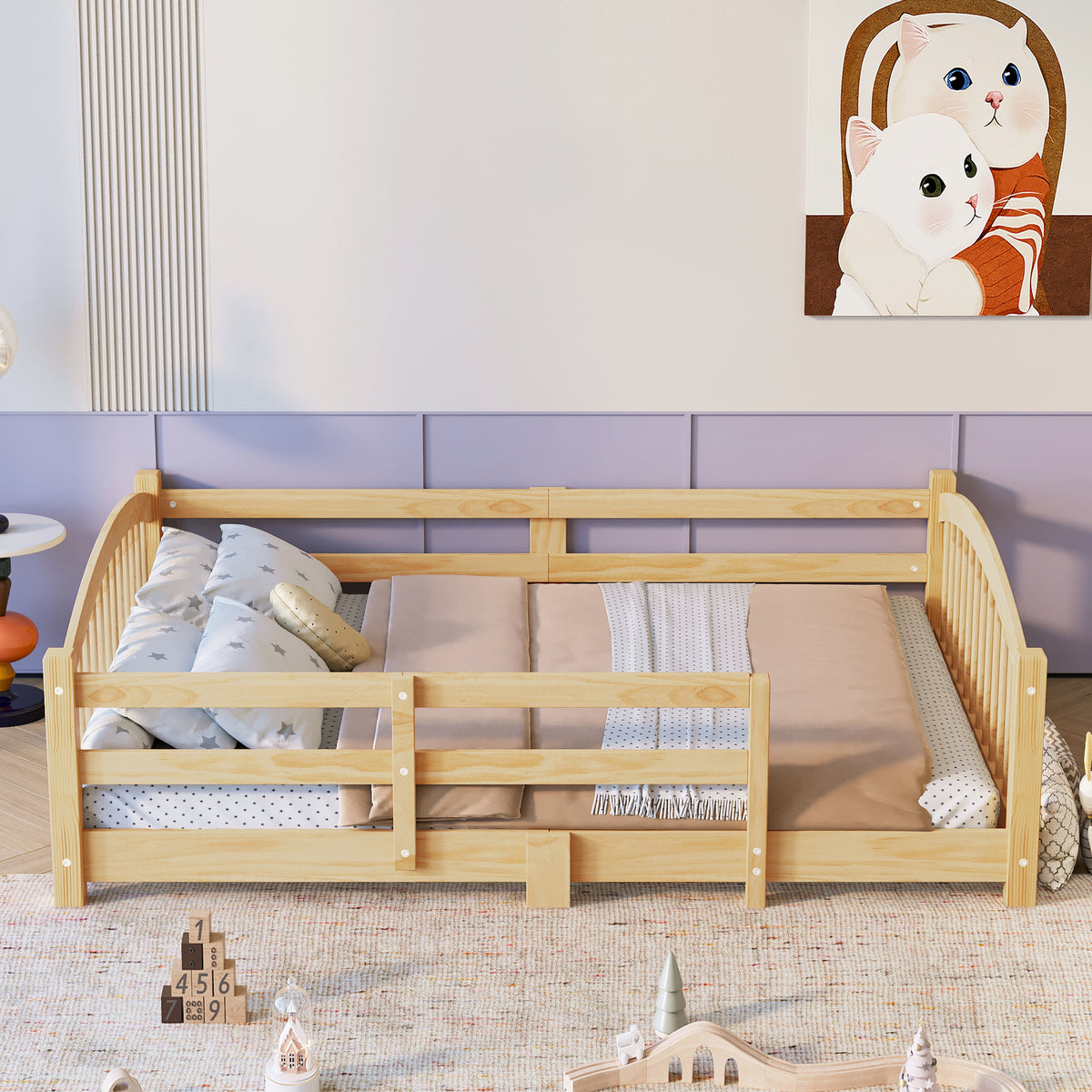 variant-group:rf-n733p400299n|Roomfitters Full Montessori Floor Bed with Guardrails, Solid Wood Low Platform Bed with Slats, Easy Assembly, Natural