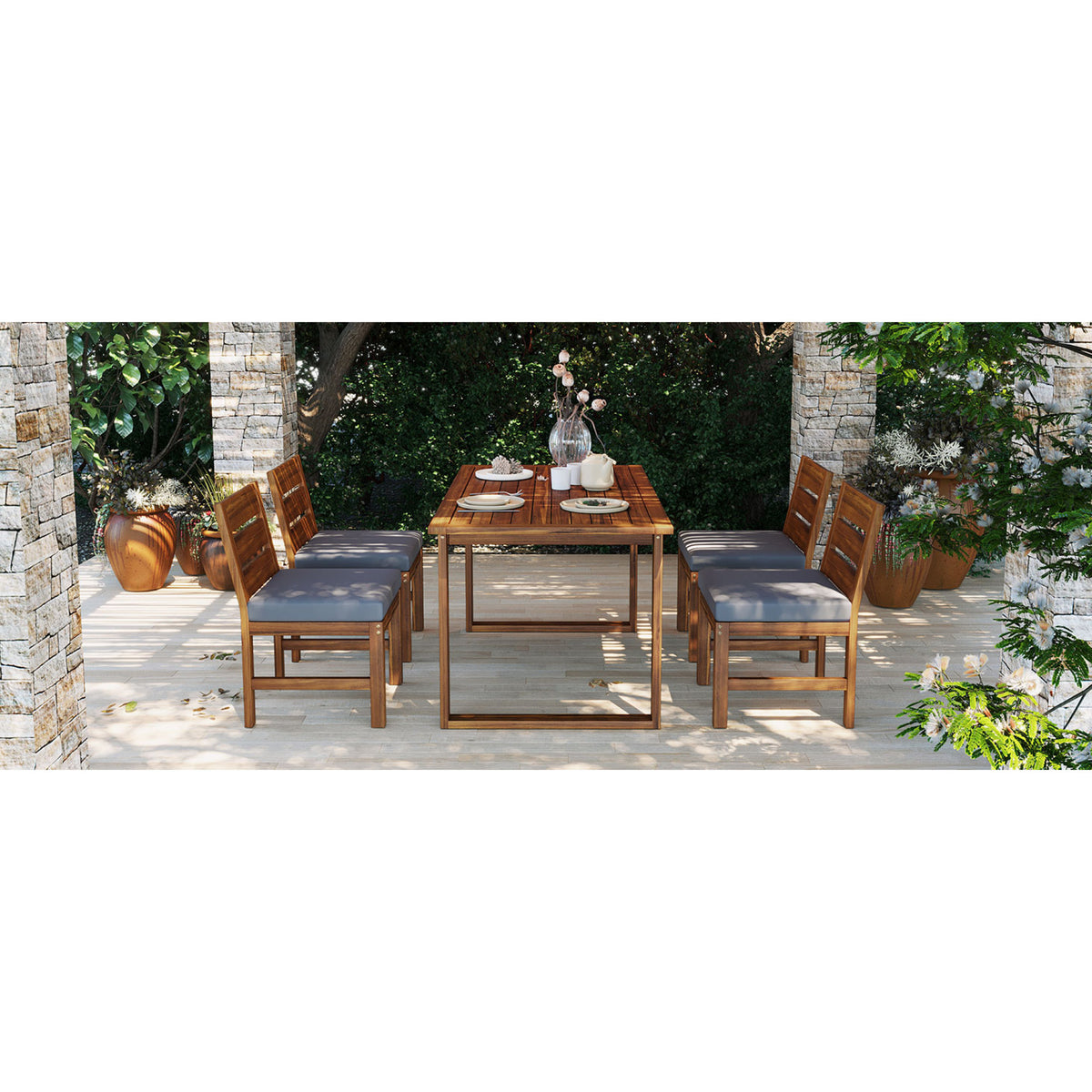 variant-group:rf-n711wy000497aae|Roomfitters Farmhouse 5-Piece Outdoor Dining Set for 4, Acacia Wood Table and Chair Pack, Brown and Grey Slatted