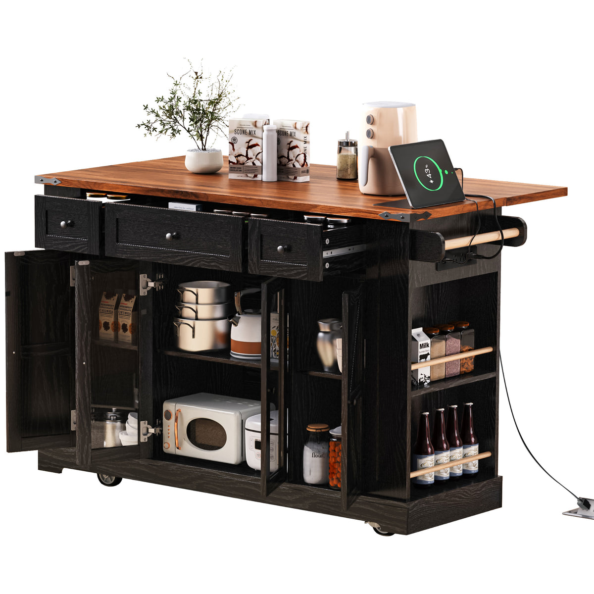 variant-group:rf-n707s263637b|Roomfitters 53" Kitchen Island with Power Outlet, 4 Doors and 3 Drawers, Rolling Storage Cabinet with Glass Doors, Black