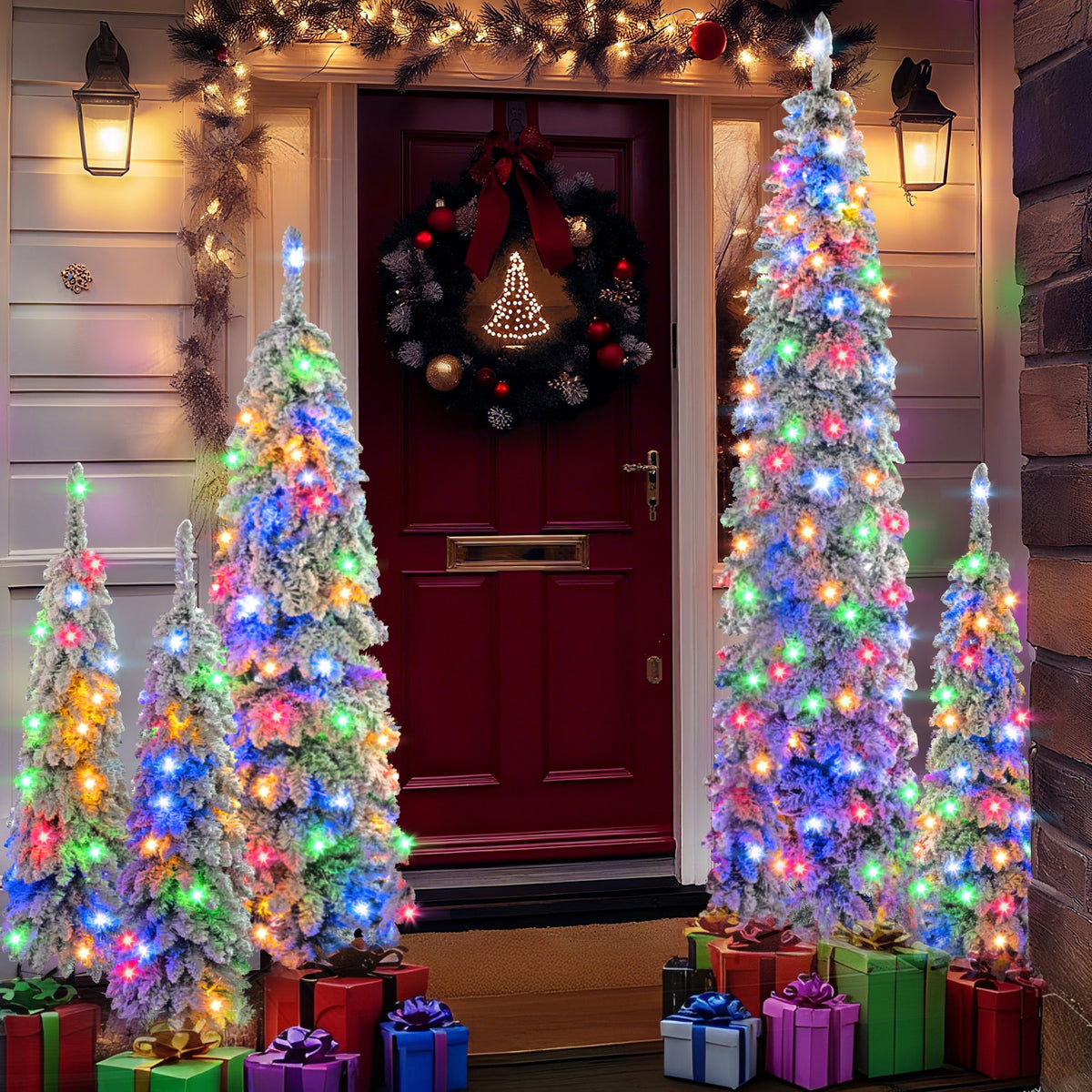 Roomfitters Pre-Lit Pencil Christmas Tree Set 8FT 6FT 4FT, 5-Pack Slim Snow-Flocked Artificial Trees with 1820 Tips, White Roomfitters