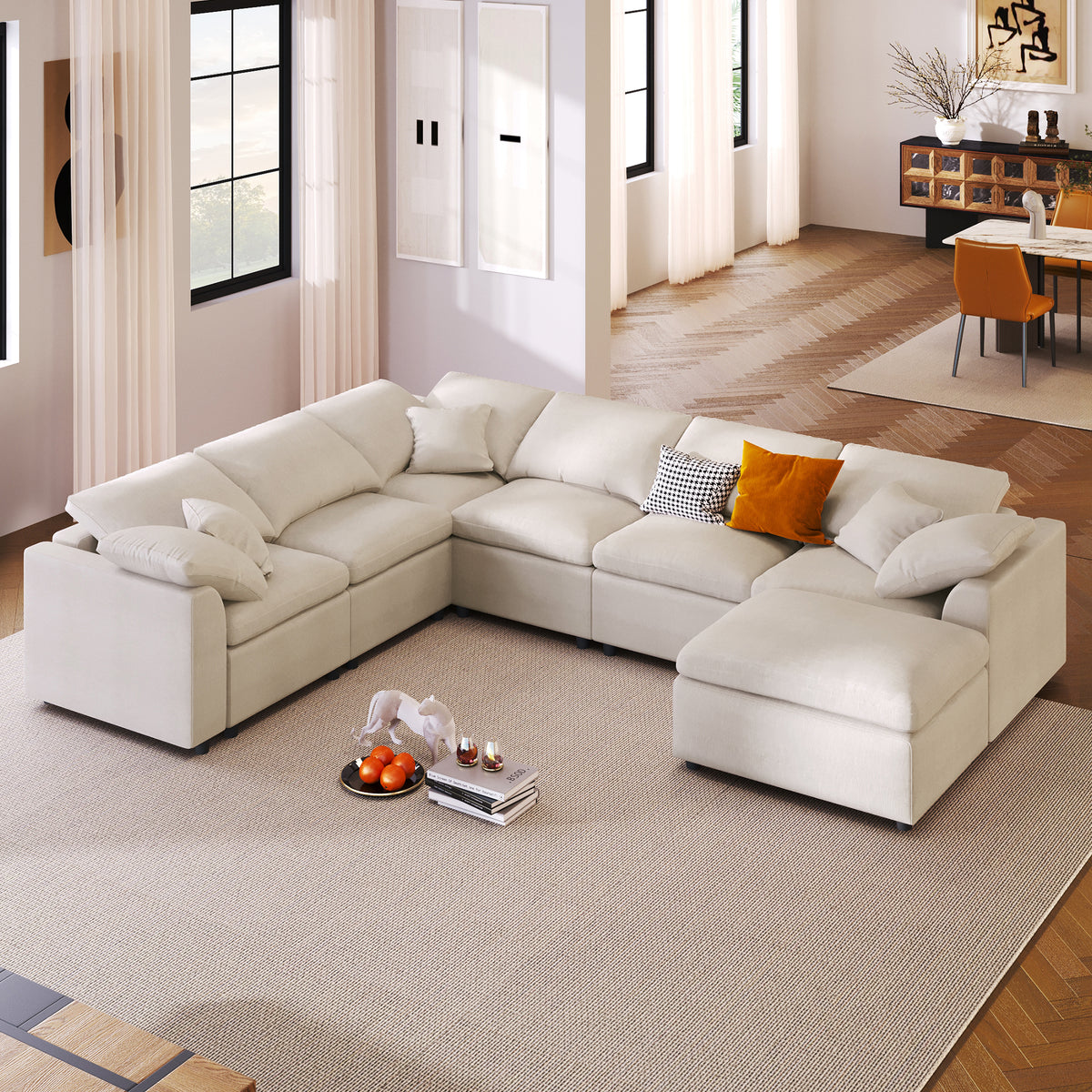 variant-group:rf-n711wy000453aaa|Roomfitters 7-Seater Modular Sectional Sofa with Ottoman, Extra Large L-Shape Chenille Upholstered Couch, Beige