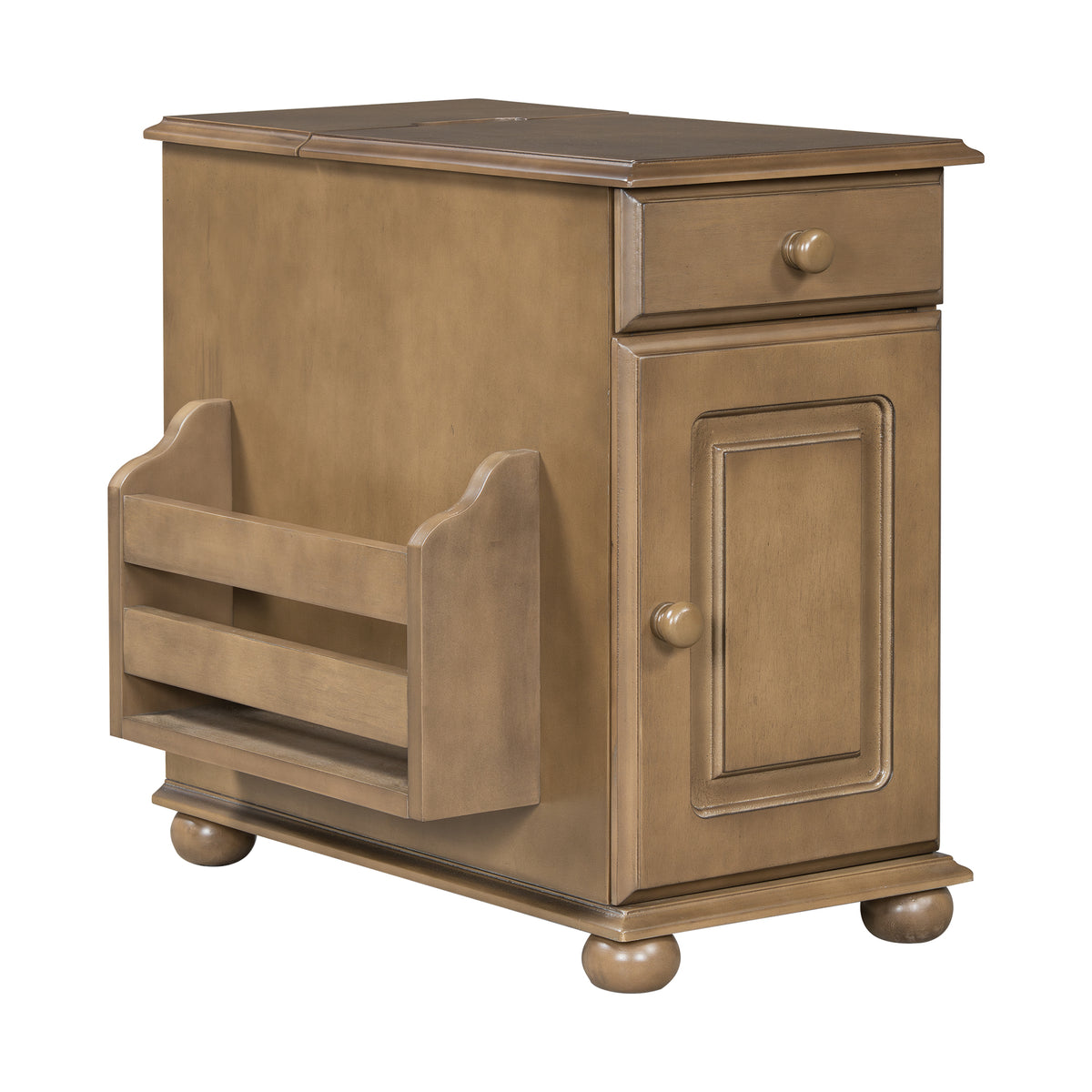 variant-group:rf-n724p293133d|Roomfitters Vintage Sofa Side Table with USB Ports, Flip Top, Cup Holders and Bookshelf Storage for Small Spaces, Brown