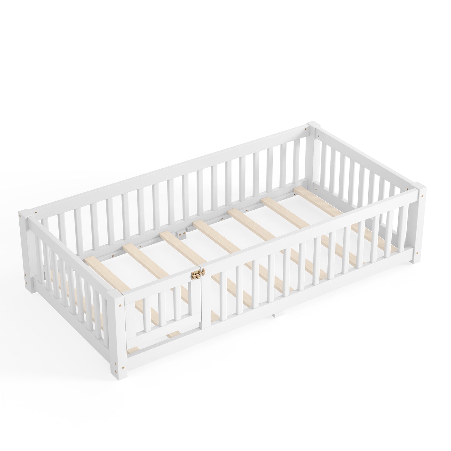 variant-group:rf-w1580p462311|Roomfitters Twin Size Wooden Floor Bed Frame with Safety Guardrails Door, Solid Wood Low Profile Toddler Play Bed, White