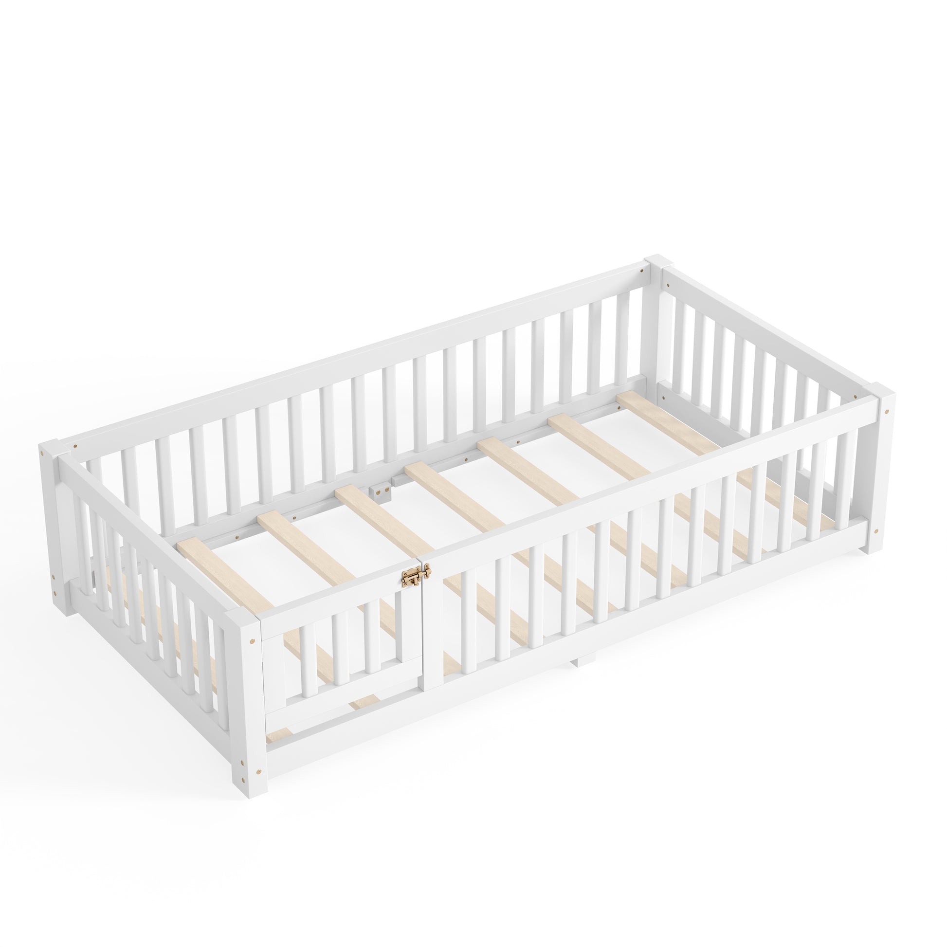 variant-group:rf-w1580p462311|Roomfitters Twin Size Wooden Floor Bed Frame with Safety Guardrails Door, Solid Wood Low Profile Toddler Play Bed, White