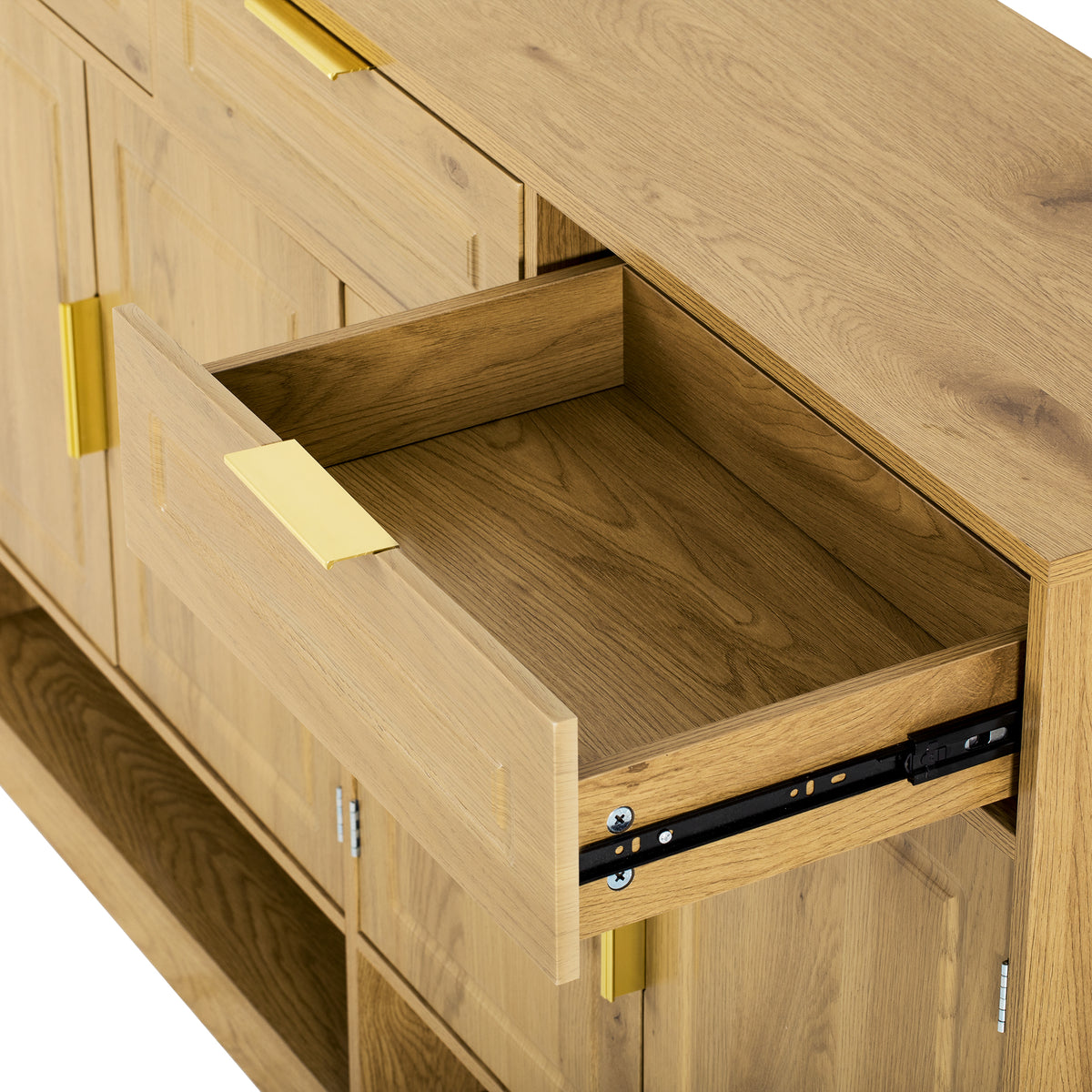 variant-group:rf-n711p345213o|Roomfitters 59.1" Farmhouse Sideboard Buffet Cabinet with 3 Drawers and 4 Doors, Kitchen Storage with Open Shelf, Natural