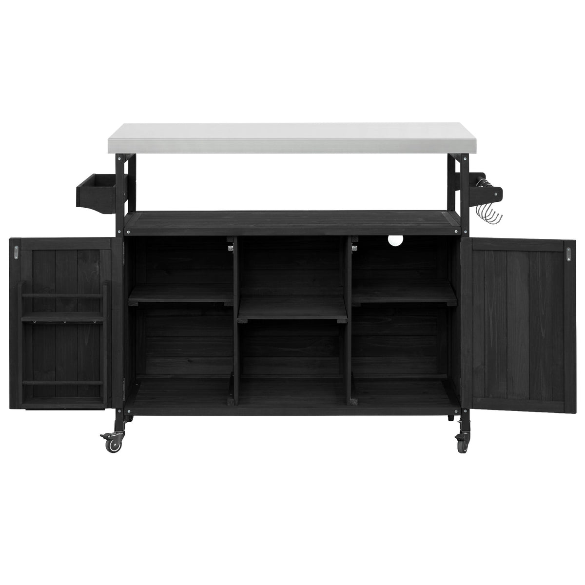 Roomfitters Outdoor Kitchen Island, Rolling Bar Cart with Storage Cabinet, Wood Grill Table, Stainless Steel Top, Spice Rack, Black