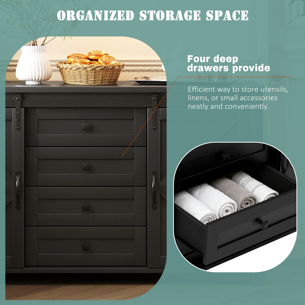 variant-group:rf-n711p347377b|Roomfitters 55.1" Storage Cabinet with 4 Drawers and Sliding Barn Doors, Farmhouse Sideboard Buffet for Kitchen & Dining, Black
