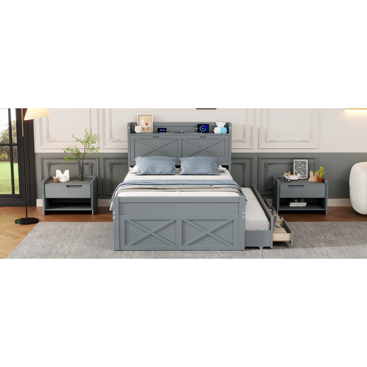 variant-group:rf-n733s172712e|Roomfitters Full Size Wooden Bed with Storage Headboard, Built-In Outlets, Extendable Design with Twin Trundle and Practical Storage, Gray