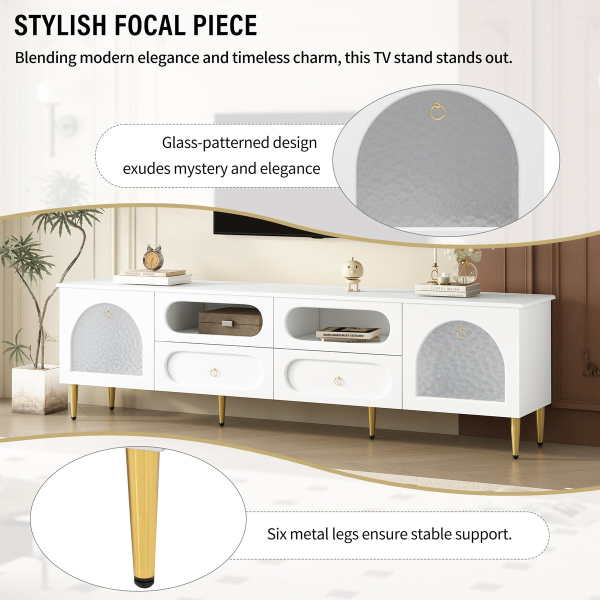 Roomfitters Retro TV Stand for up to 85 Inch TV, Media Console Cabinet with Drawers, Cabinets and Metal Legs, White Roomfitters