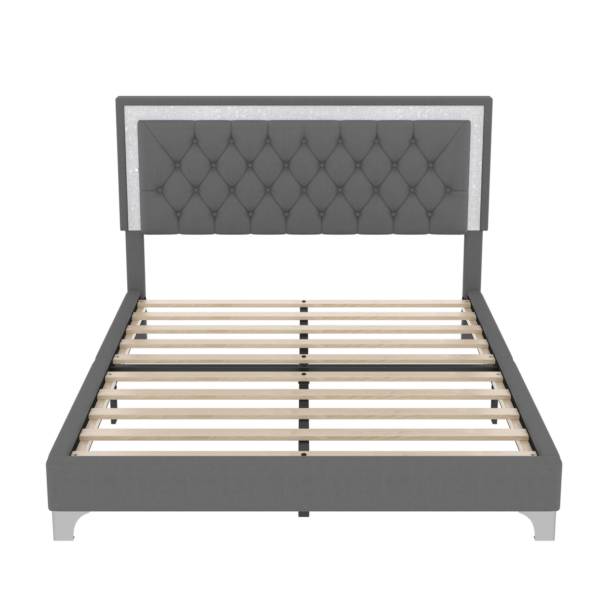 variant-group:rf-n733p183657e|Roomfitters Modern Velvet Queen Platform Bed with Tufted Headboard and Built-In Lighting, Gray