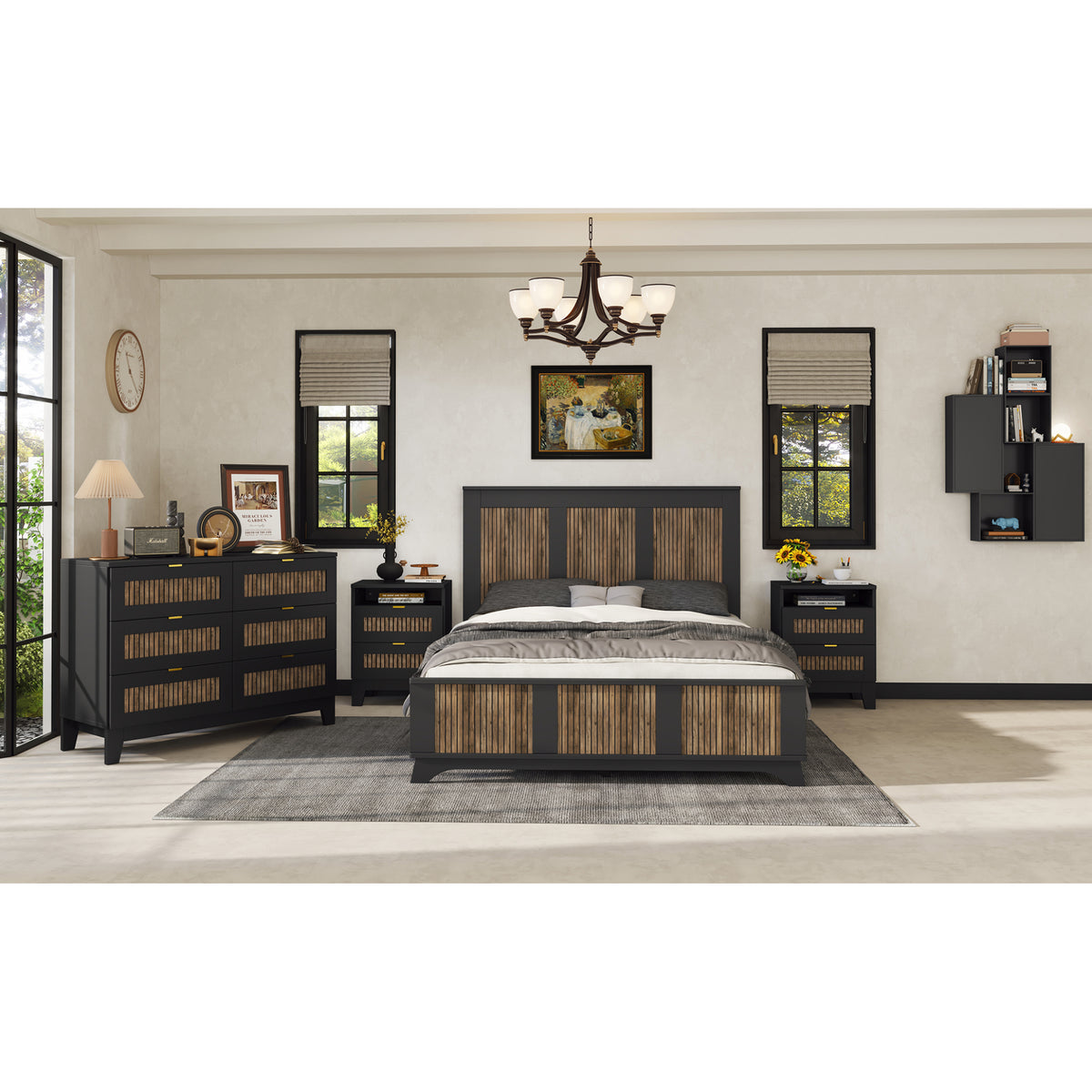 variant-group:rf-n733wf530906aab|Roomfitters Farmhouse Wooden Platform Queen Size Bed, Modern Platform Bed with Wooden Strip Stickers Decoration, Plywood Slats Support, Black