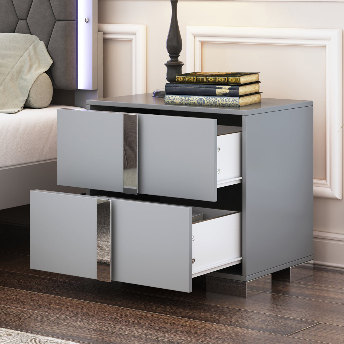 variant-group:rf-n733p307938g|Roomfitters Elegant Mirrored Nightstand with 2 Drawers and Metal Handle, Bedside Table for Bedroom or Living Room, Gray