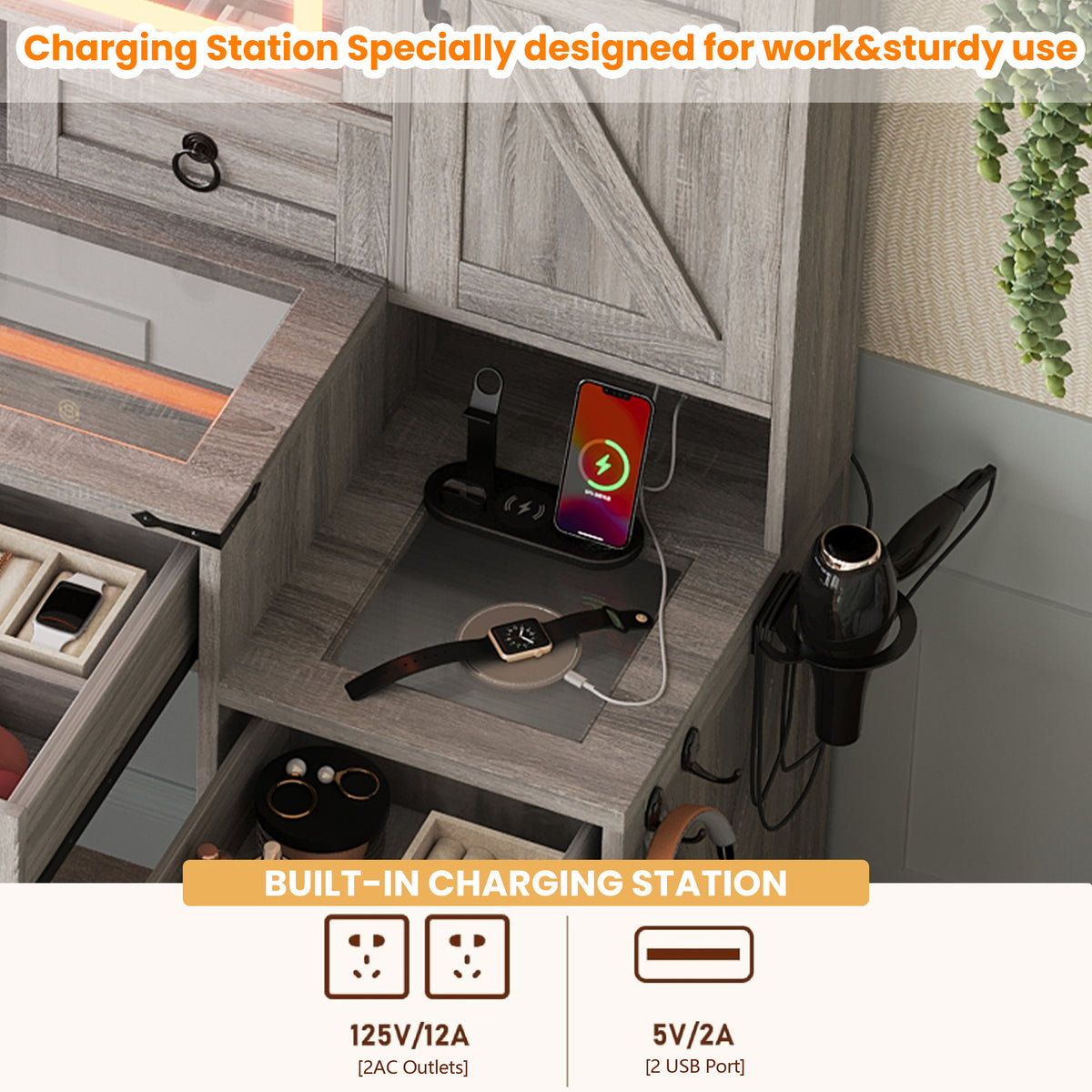 variant-group:rf-n733p340562g|Roomfitters Farmhouse Vanity Desk with Sliding Mirror & Lights, Glass Top, Charging Station, 4 Drawers, 2 Cabinets, Stool, Gray