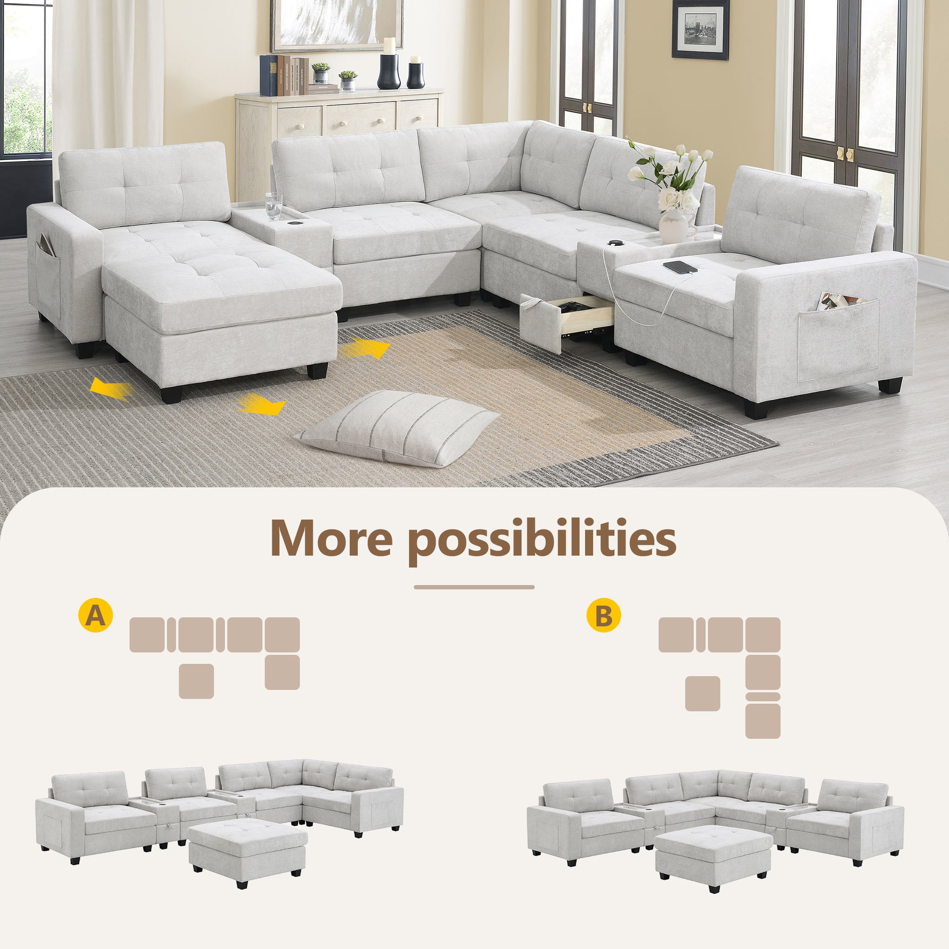 variant-group:rf-n723s1191k|Roomfitters 104 Inch Modular Sectional Sofa with Console and Cup Holders, Upholstered L-Shape Couch for Home Decor, Light Gray