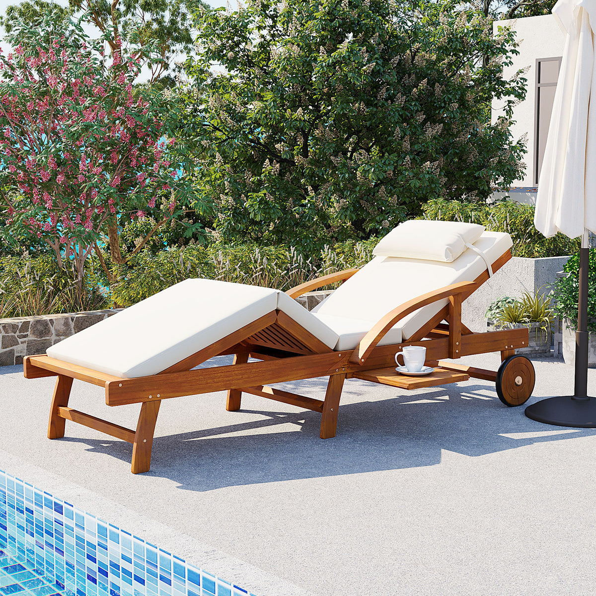 variant-group:rf-n711p415859a|Roomfitters Modern Coastal Beige Acacia Wood Outdoor Chaise Lounge Chair, Poolside Recliner, Retractable Side Tray